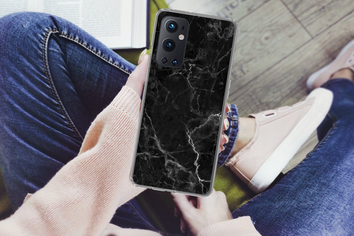 MuchoWow Handyhülle für OnePlus 9 Pro Marmor - Schwarz - Weiß - Textur - Marmoroptik, Phone Case, Silikon, Schutzhülle Dünn