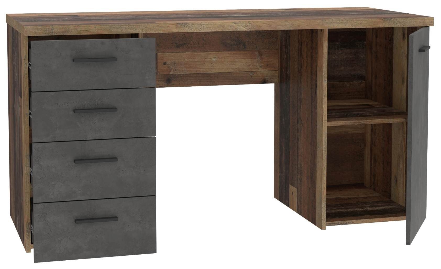 Optik, Wood Sideboard) und und Forte Jugendzimmer 5-St., Jugendbett, Komplettschlafzimmer Möbel Kinderzimmer Kleiderschrank Old 5-tlg. Nachtkommode, (Komplett-Set, WINNIE Schreibtisch, Beton