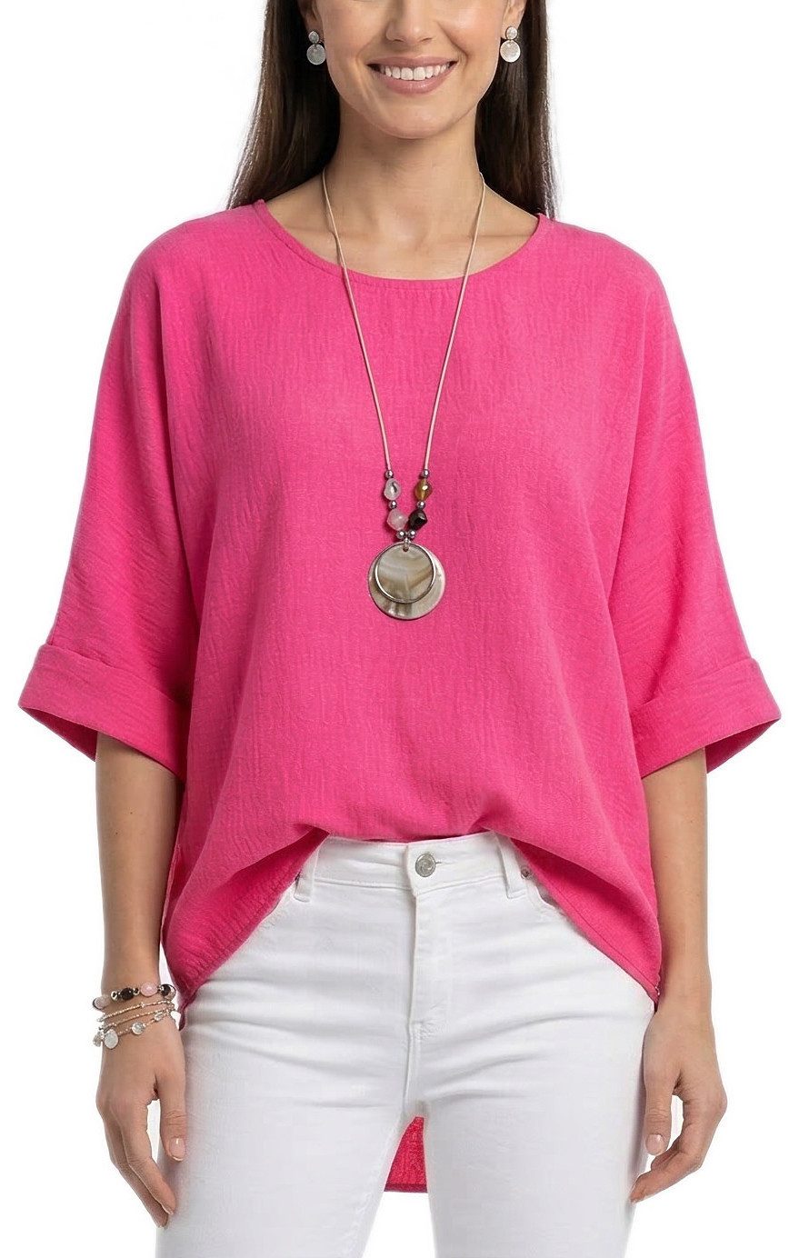 dy_mode Kurzarmbluse Damen Bluse Oversize Tunika Leichte Viskosebluse Oberteil Einfarbig in Unifarbe, High-Low Saum, mit passende Kette