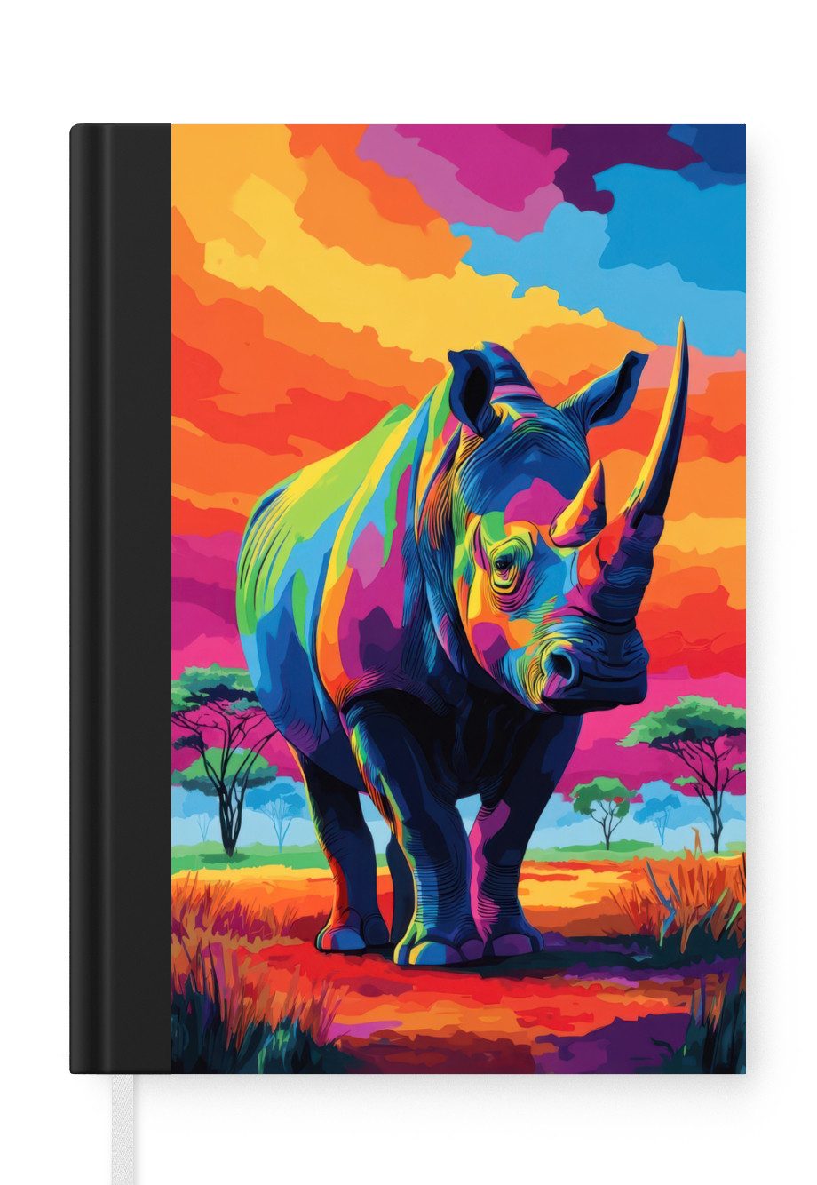 MuchoWow Notizbuch Nashorn - Sonnenuntergang - Savanne - Farbenfroh, Notebook, Notizblock a5, Tagebuch, Journal Liniert