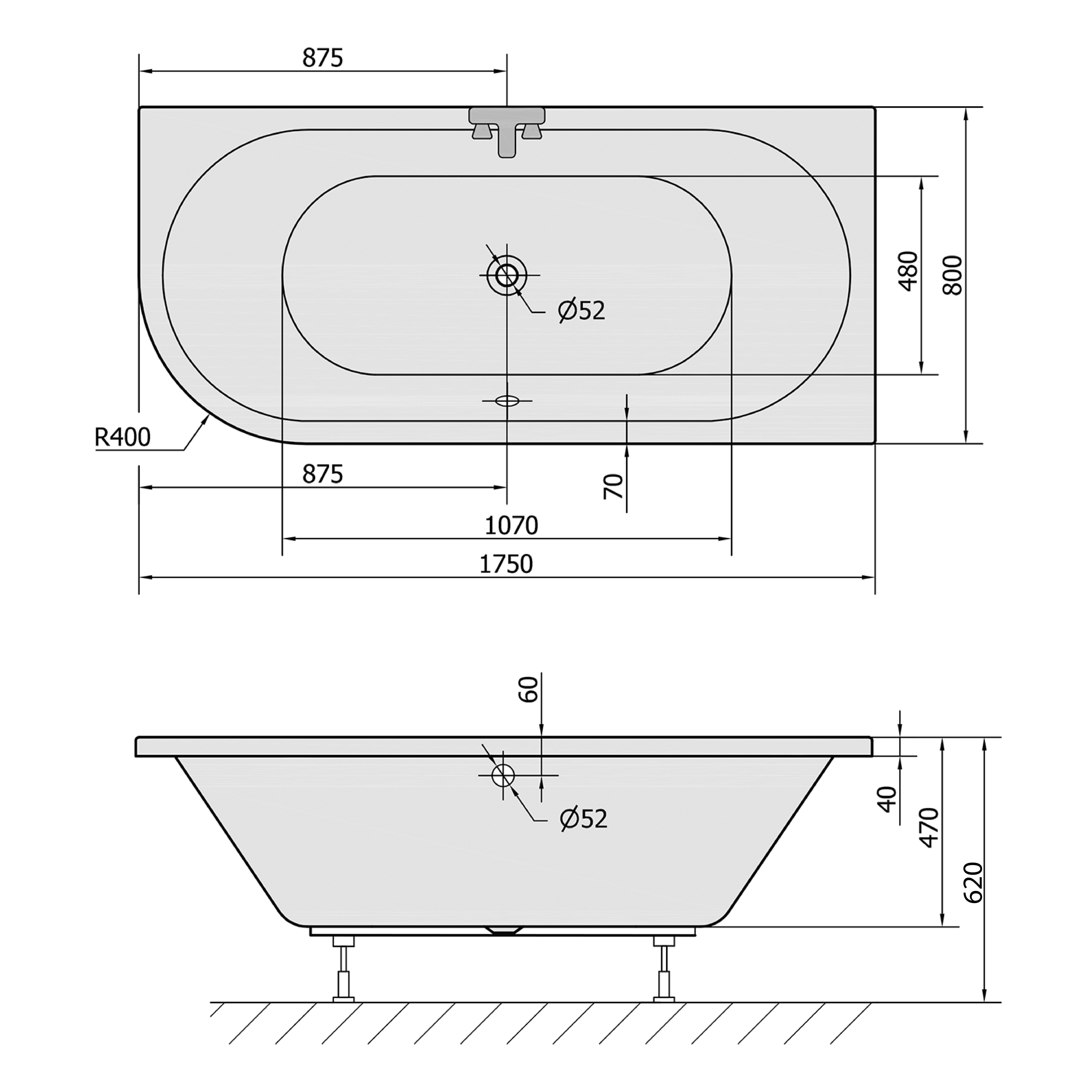 Polysan s.r.o. Eckwanne VIVA R Asymmetrische Badewanne 175x80x47cm, rechts, weiß matt, Polysan-78119-11