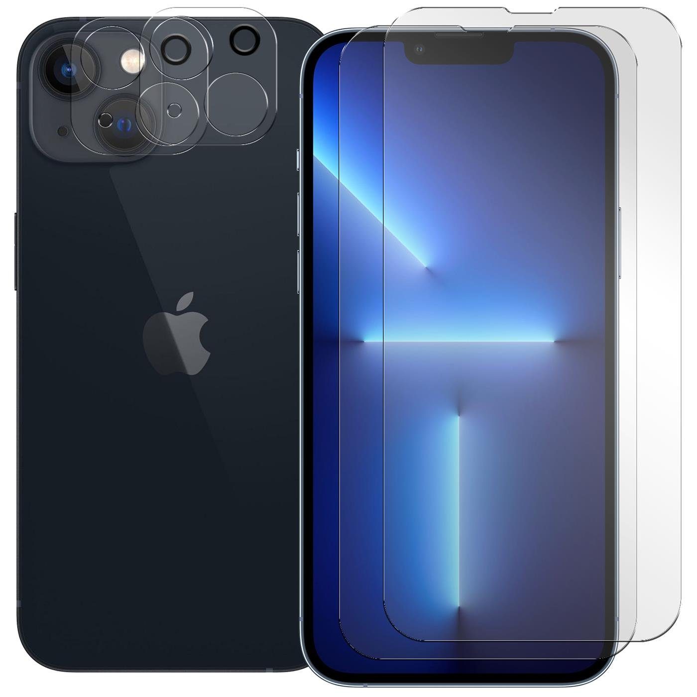CoolGadget Schutzfolie Panzerfolie für iPhone 13, (Spar-Set 4in1, 2x Displayschutz, 2x Kameraschutz), Panzerglas Schutzfolie für Apple iPhone 13 Folie
