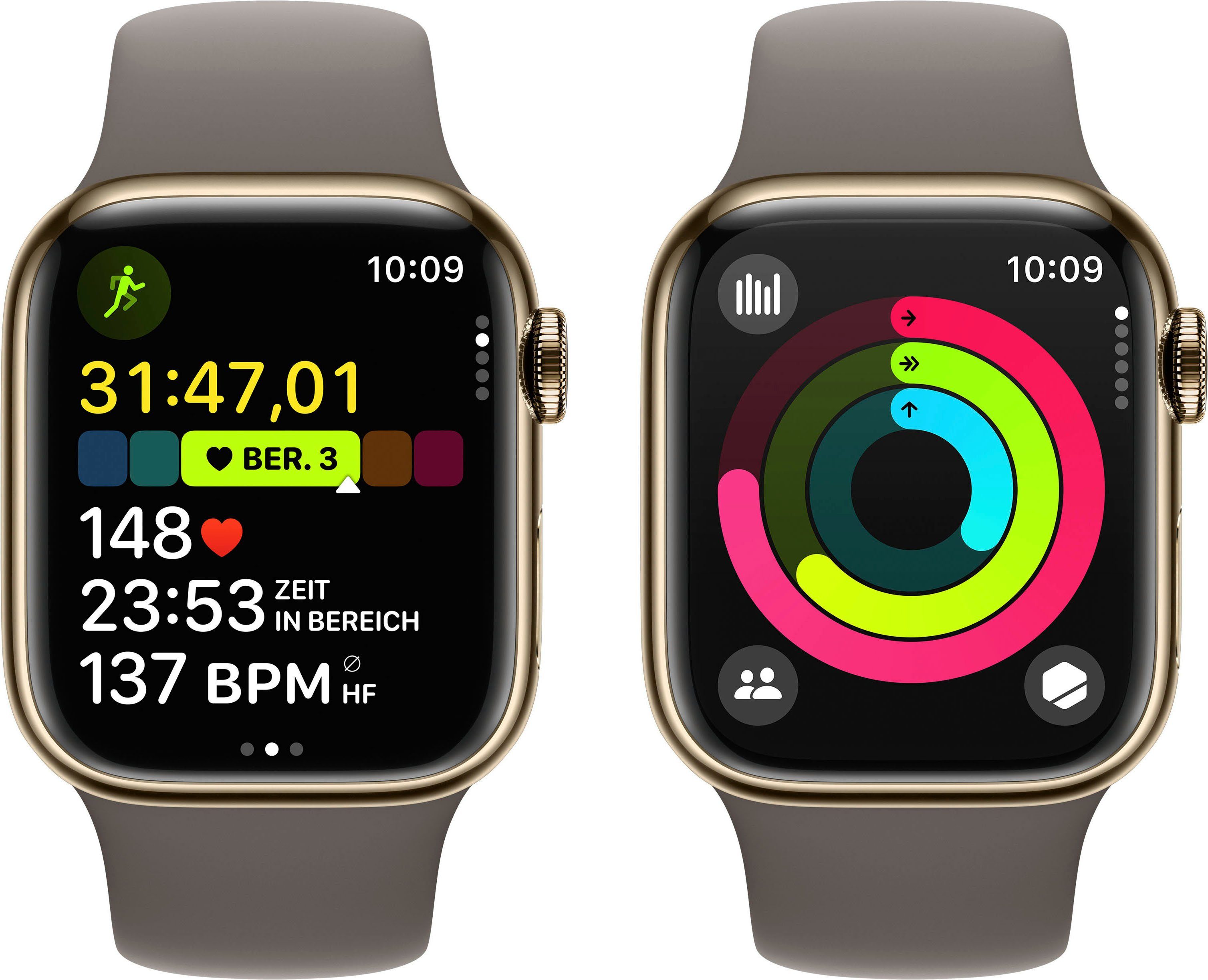 Apple Clay Smartwatch Watch GPS Series 9 OS Sport (4,1 Watch Edelstahl Cellular 41mm | Gold 10), Zoll, Band + cm/1,61