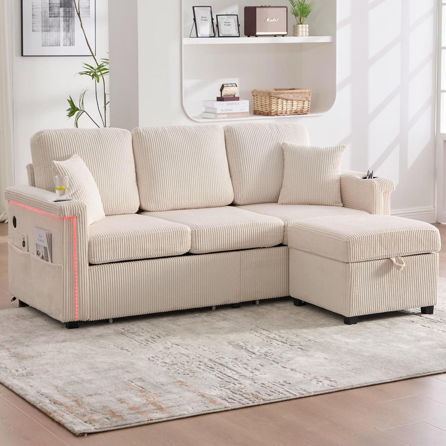 LuxusKollektion 3-Sitzer Sofa Samt 3 Sitzer 2 Schubladen Getränkehalter Fußteil Beige