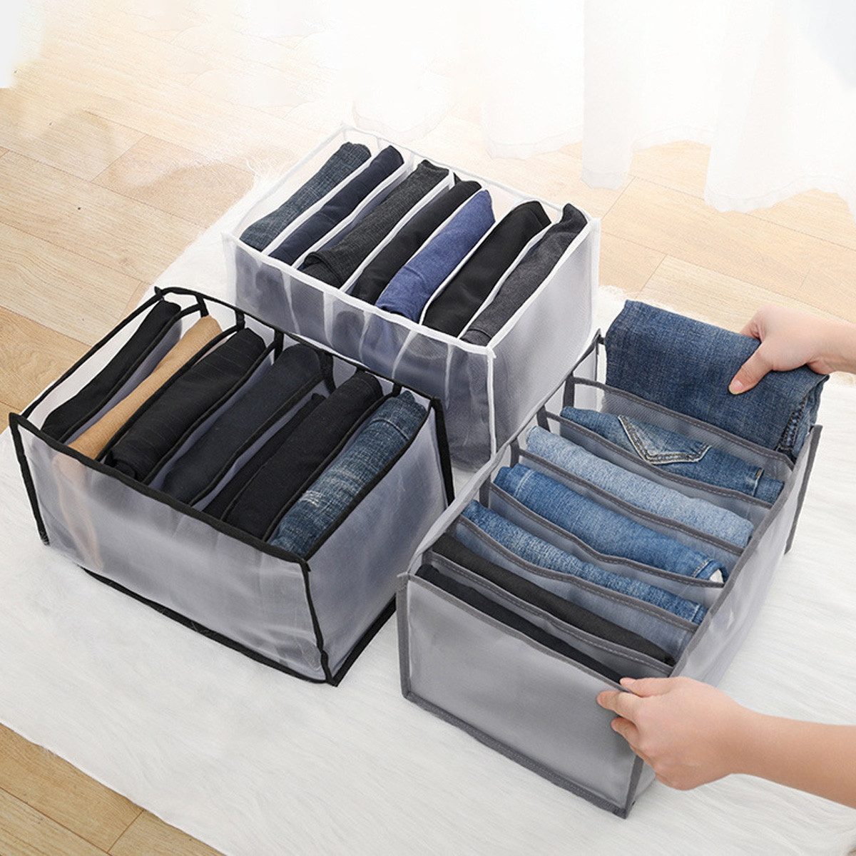 AURIVION Aufbewahrungsbox Aufbewahrungsbox waschbar für Kleidung & Schrank Ordnung (Set, 3 St., Kleiderorganisator 3 Stk. mit 5/7/9 Fächern faltbar), Faltbarer Organizer für Jeans, T-Shirts & Unterwäsche