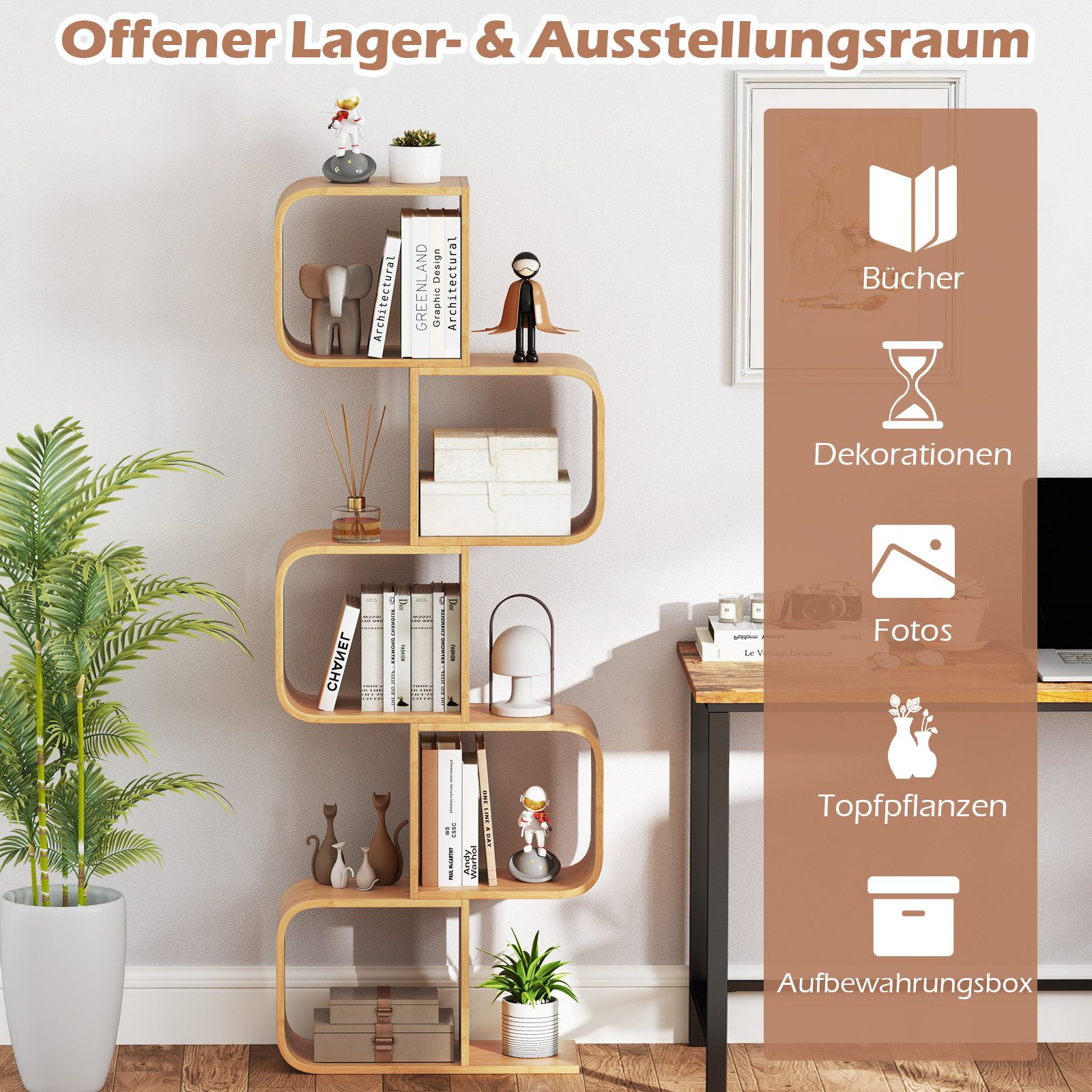 COSTWAY Bücherregal, S-förmig, Bambus, 5 Ebene Würfelregal 61x23x160cm günstig online kaufen