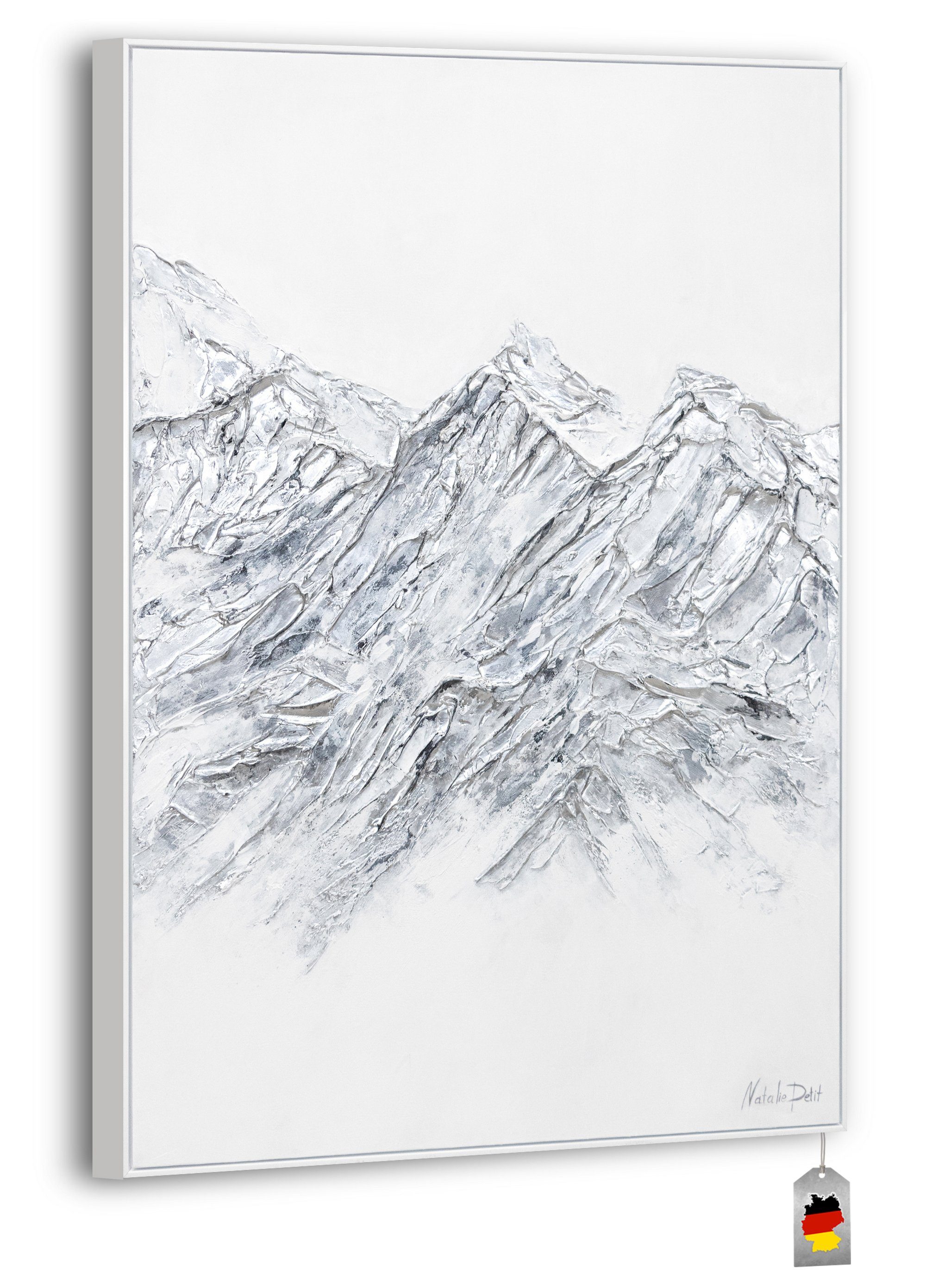 YS-Art Gemälde Zugspitze II, Vertikales Silbener Handgemalt Bild mit Leinwand Berg Rahmen