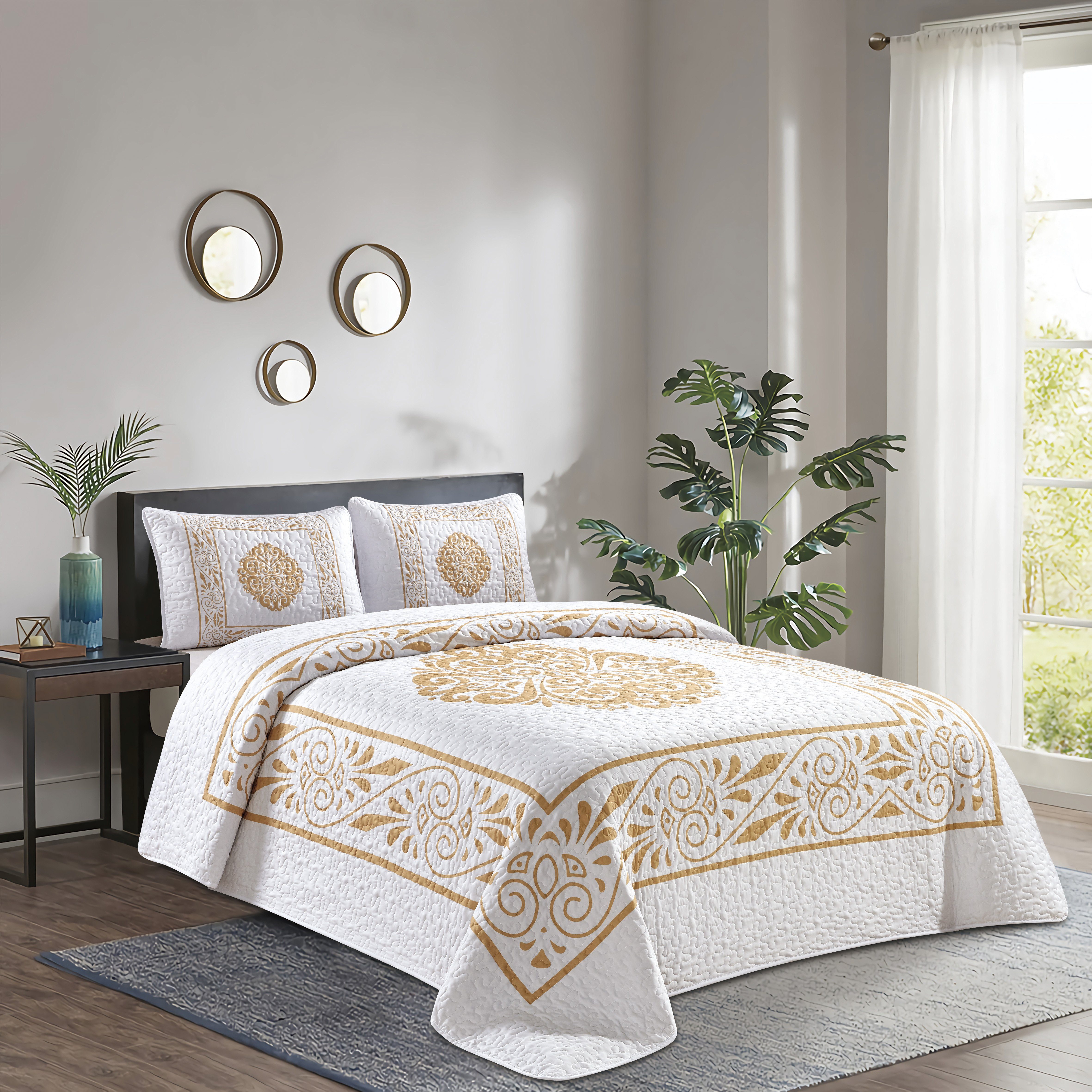 ZELLERFELD für Doppelbettüberwurf, 220x240cm Tagesdecke Weiß-Gold Bett 3-Teilig Tagesdecke