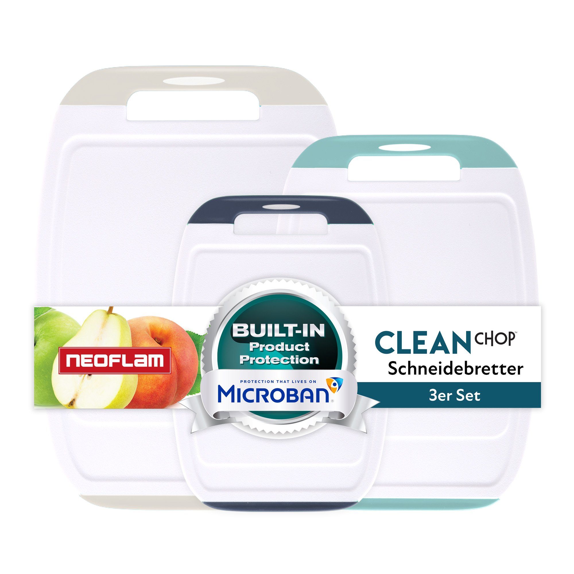 NEOFLAM® Schneidebrett BiJu Antibakterielles Schneidebrettset, 3tlg. - Grau/Türkis/Royalblau, Kunststoff (PP), (3-St)