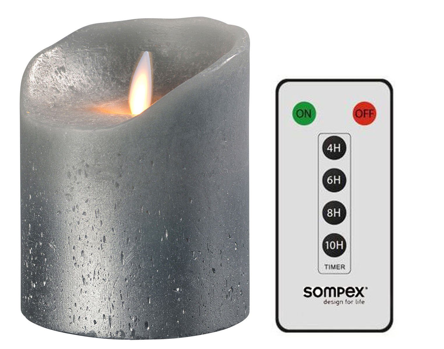 SOMPEX LED-Kerze Set Sompex Flame LED Echtwachskerze grau metallic (Set,  2-tlg., 1 Kerze, Höhe 10cm, Durchmesser 8cm, 1 Fernbedienung),  fernbedienbar, integrierter Timer, Echtwachs, täuschend echtes Kerzenlicht,  optimales Set für den Adventskranz
