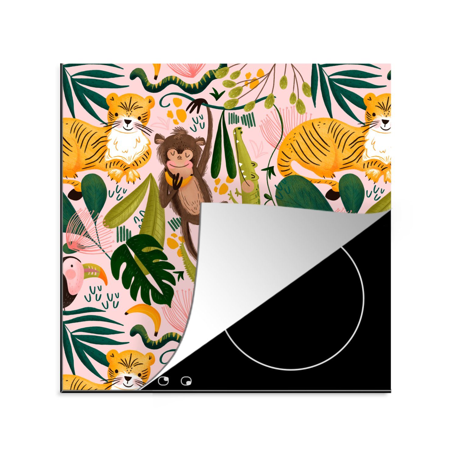 MuchoWow Herdblende-/Abdeckplatte Dschungel - Tiere - Rosa, Vinyl, (1 tlg), 78x78 cm, Ceranfeldabdeckung, Arbeitsplatte für küche
