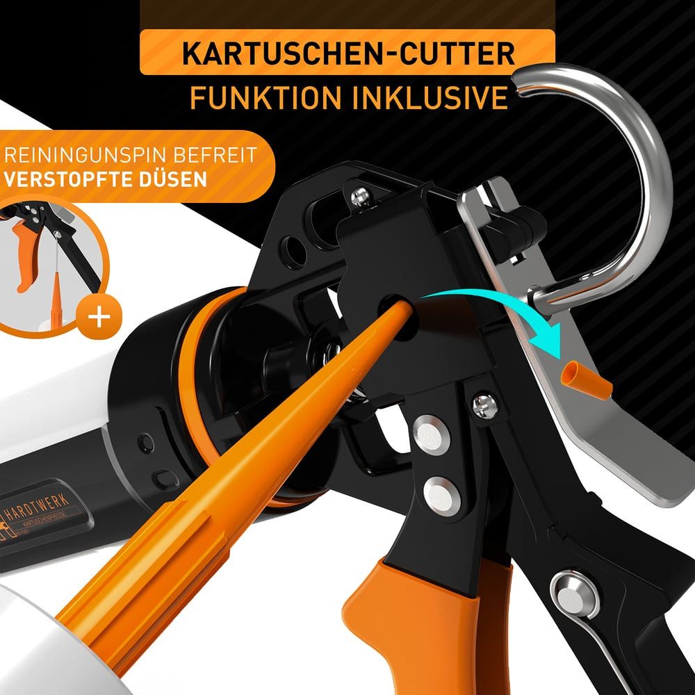 Hardtwerk® Kartuschenpistole 360° drehbar mit Cutter, Silikon Acryl Klebstoffe präzise dosieren Verfugen Reparaturen – Bild 3 von 5