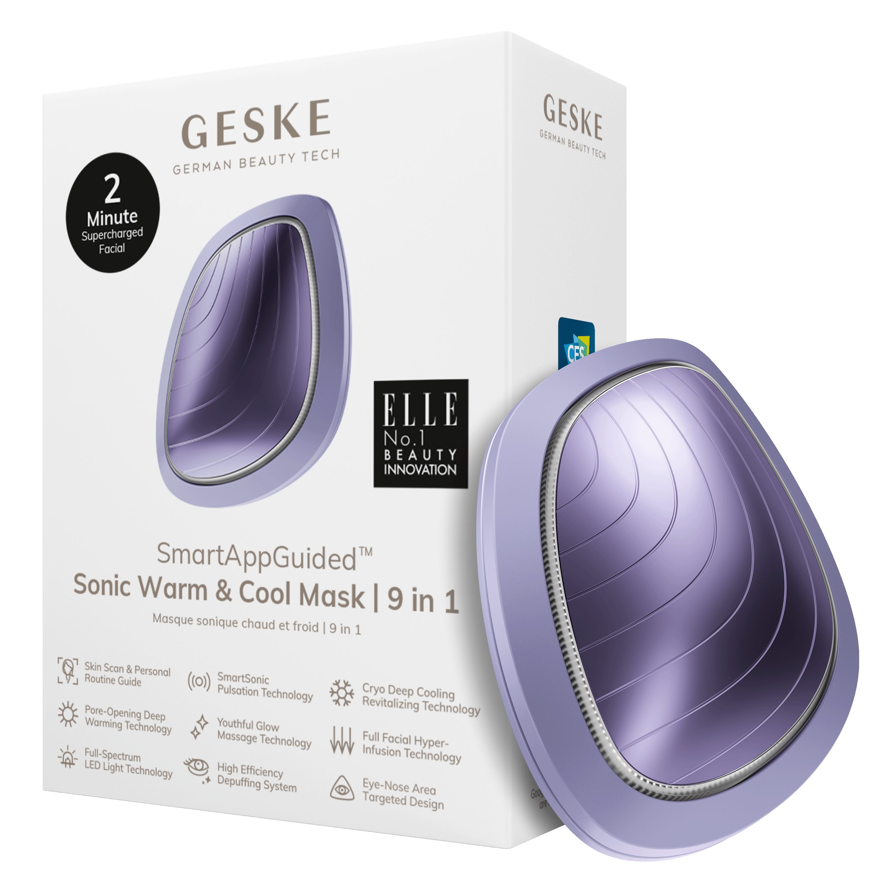 GESKE German Beauty Tech Enhancer SmartAppGuided™ Sonic Warm & Cool Mask 9 in 1, Packung (Gerät & USB-Ladekabel), 2-tlg., Gerät inkl. kostenloser APP (SmartAppGuided Device), Mit der GESKE App erhältst Du deine personalisierte Hautpflegeroutine. Purple
