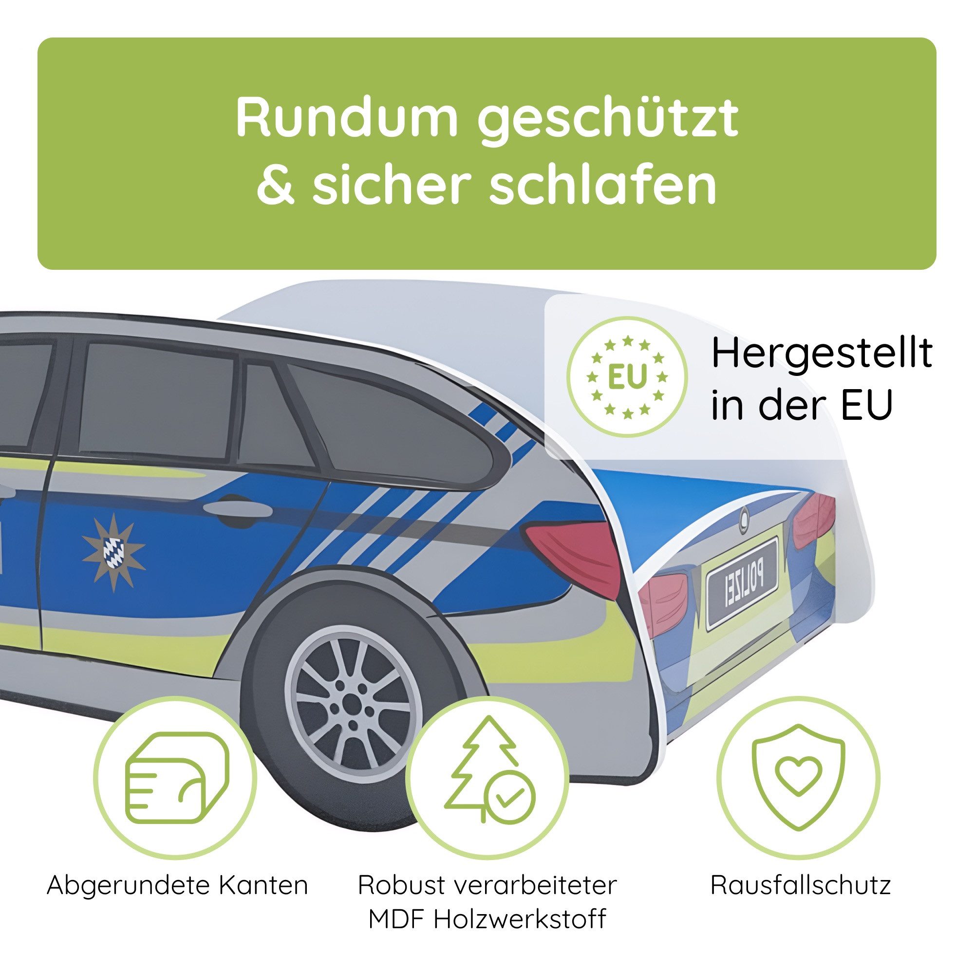 Kids Collective Autobett Kinderbett Jugendbett Polizei 70x140, 80x160 cm mit Rausfallschutz, Polizeiauto Polizisten Kinderspielbett 70x140 cm – Bild 4 von 5
