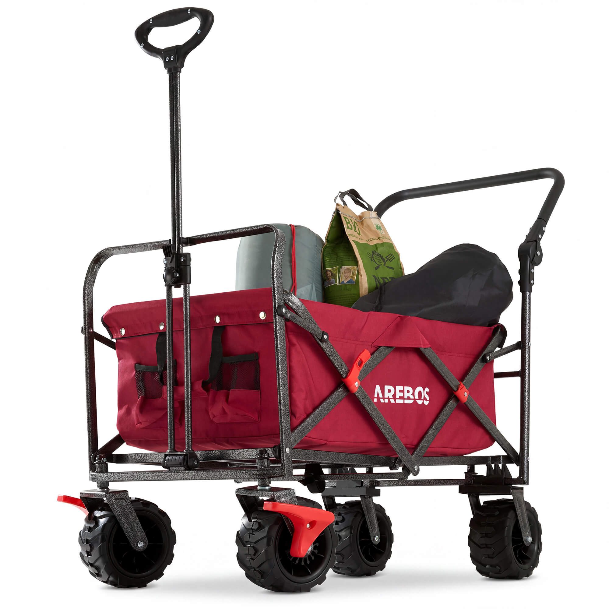 Arebos Bollerwagen Faltbarer Handwagen mit Dach – Transportkarre für Garten & Freizeit, PU-Räder und verstellbaren Griff