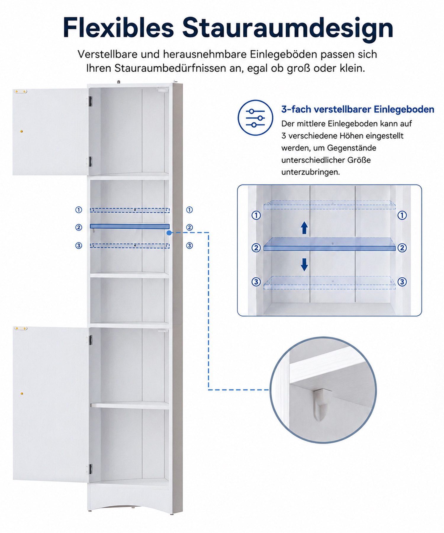 Yorbay Eckschrank 170 cm Badezimmerschrank, mit 2 Türen & 3 offenen Fächern, weiß Platzsparend Hochschrank für Ecke, verstellbaren Einlegeböden