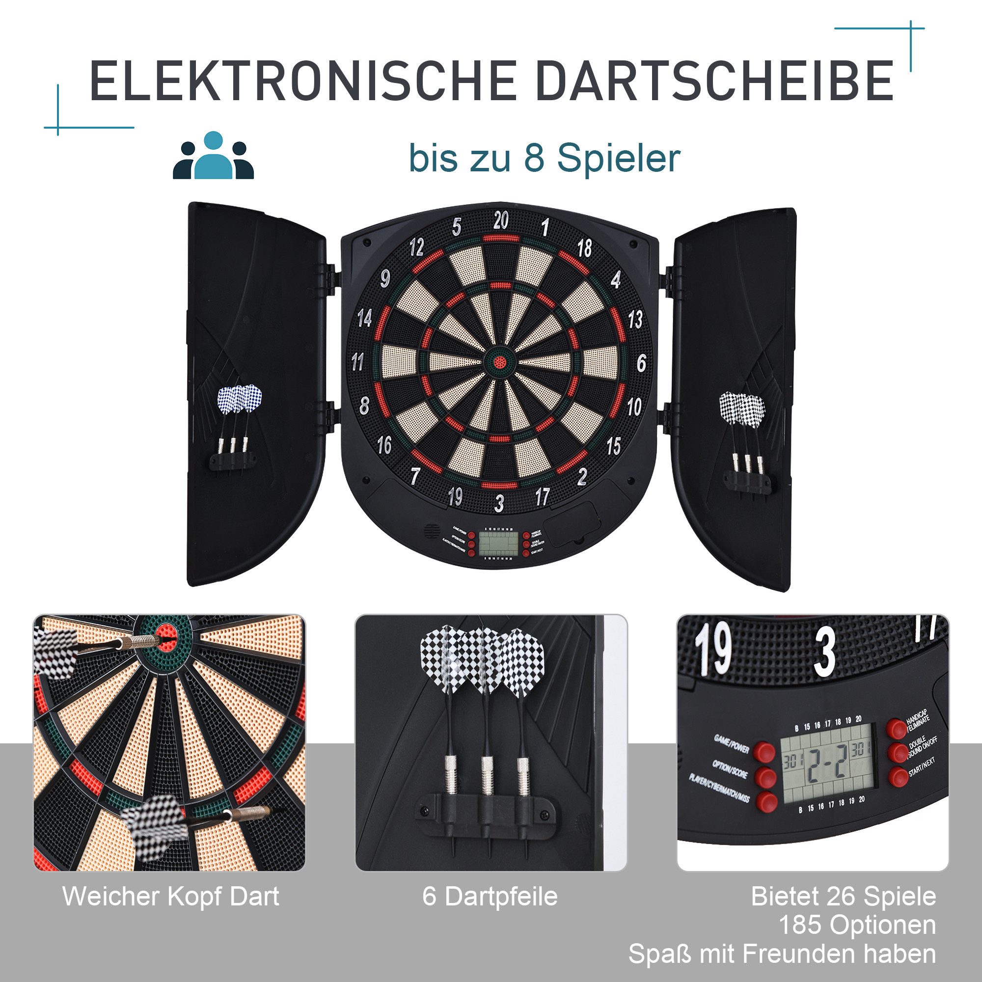 HOMCOM Dartscheibe Elektronische mit Sprachansagen Dartautomat für bis zu 8 Spieler, (Dartspiel mit LCD-Anzeige, 1-tlg., Dartboard), Schwarz 44 x 4,4 x 50 cm – Bild 4 von 5