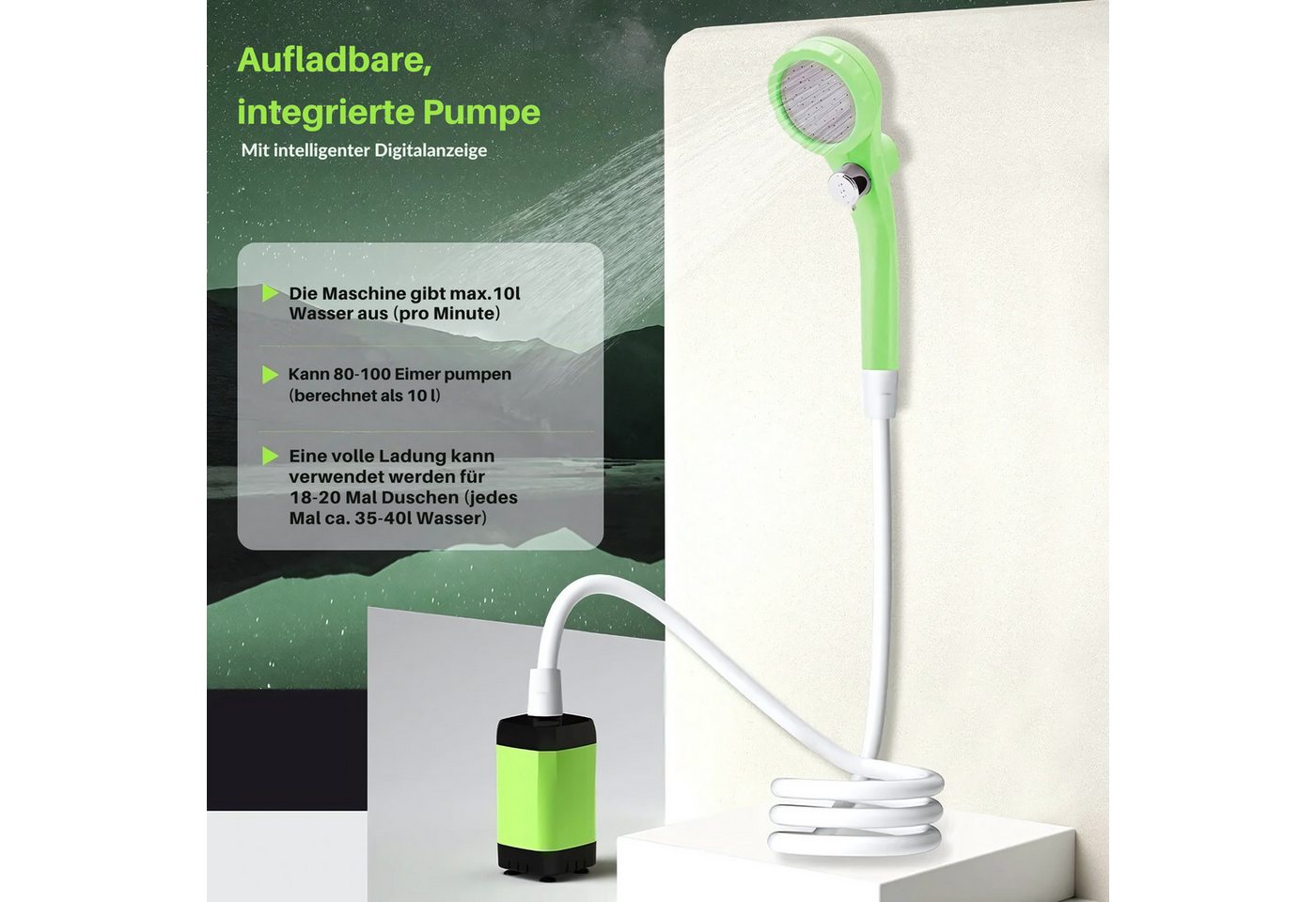 Thumbnail - HS.SUPPLY Gartendusche Campingdusche, mobile Dusche (Komplettset), Mit LED-Display, Wasserdruck einstellbar, lange Laufz...