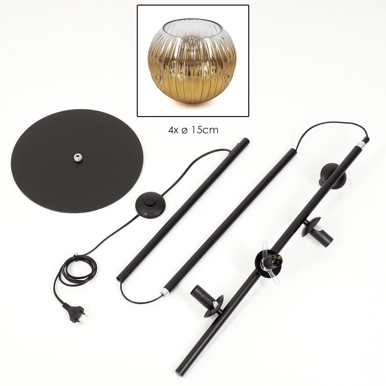 hofstein Stehlampe Stehlampe aus Metall/Riffelglas in Schwarz/Goldfarben/Klar, ohne Leuchtmittel, Stehleuchte Retro/Vintage, Ø Schirme 15 cm, Fußschalter, 160 cm, E14