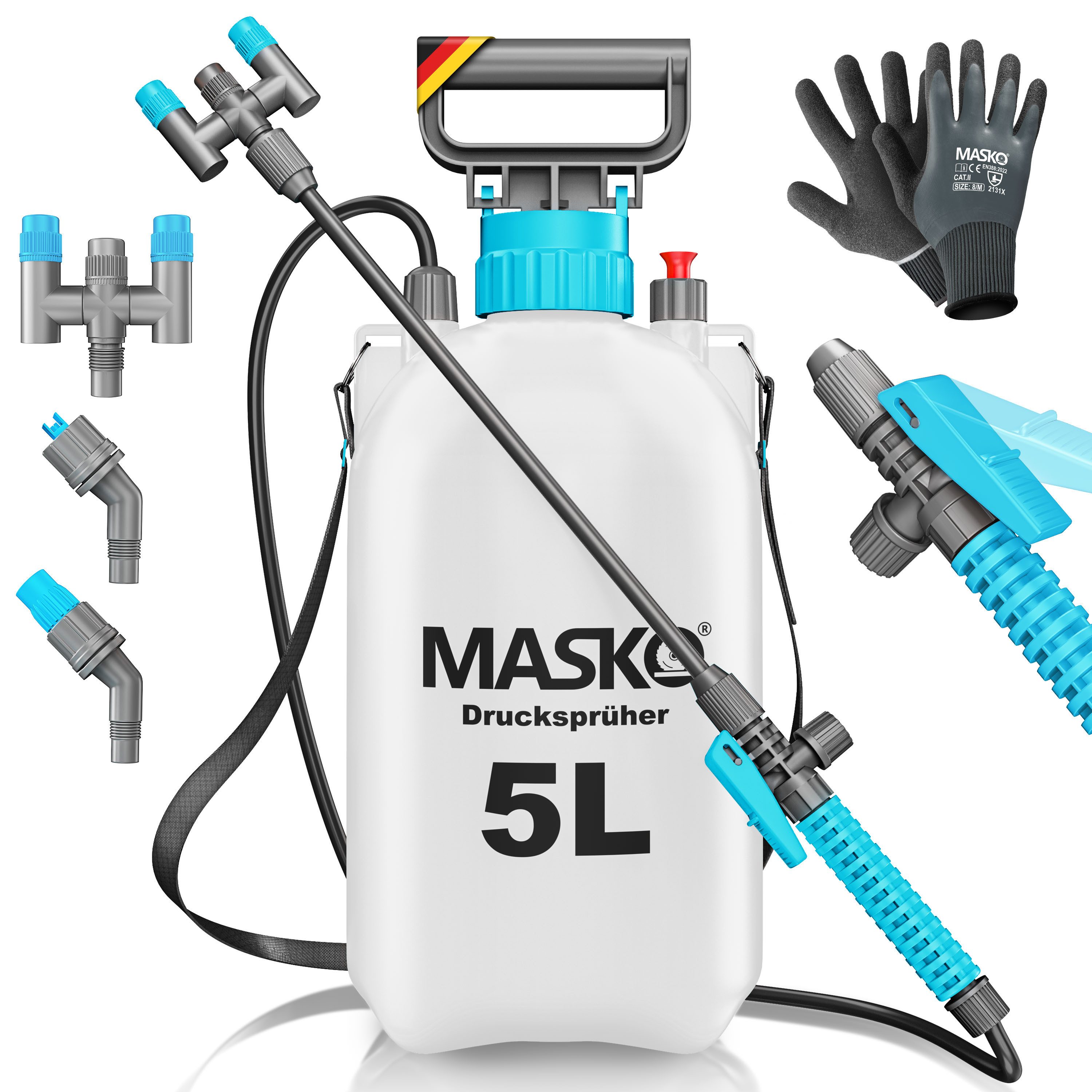MASKO Drucksprühgerät Drucksprüher säurebeständiges Sprühgerät 5L Füllinhalt Gartenspritze, (Pumpsprühflasche mit verstellbaren Düsen, Schlauch, Gurt & Handschuhe), Reinigungsspritze für Pflanzenschutz, Gartenarbeit & Autopflege