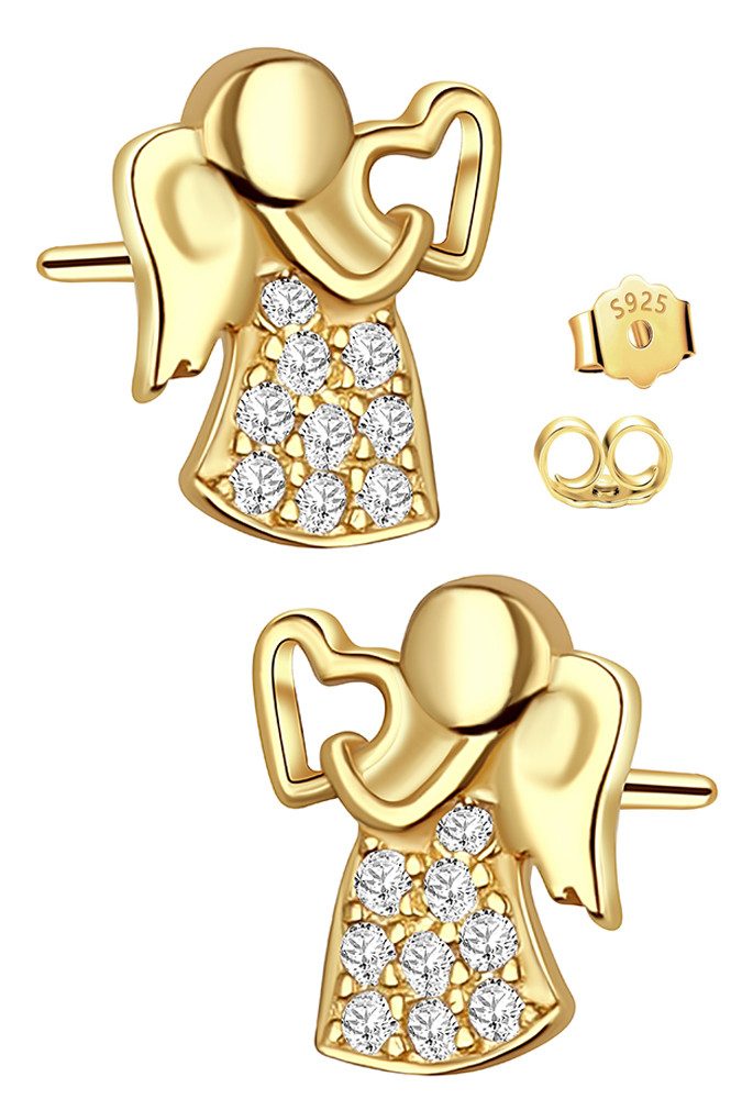 Limana Paar Ohrstecker 925 Silber Schutz-Engel Herz gold Kinder Mädchen Damen Ohrringe (Kommunion Konfirmation, Weihnachtsgeschenk Kinderohrringe, inkl. Schmuckbox), Geschenk Ostern Weihnachten Geburtstag Nikolaus Ostern