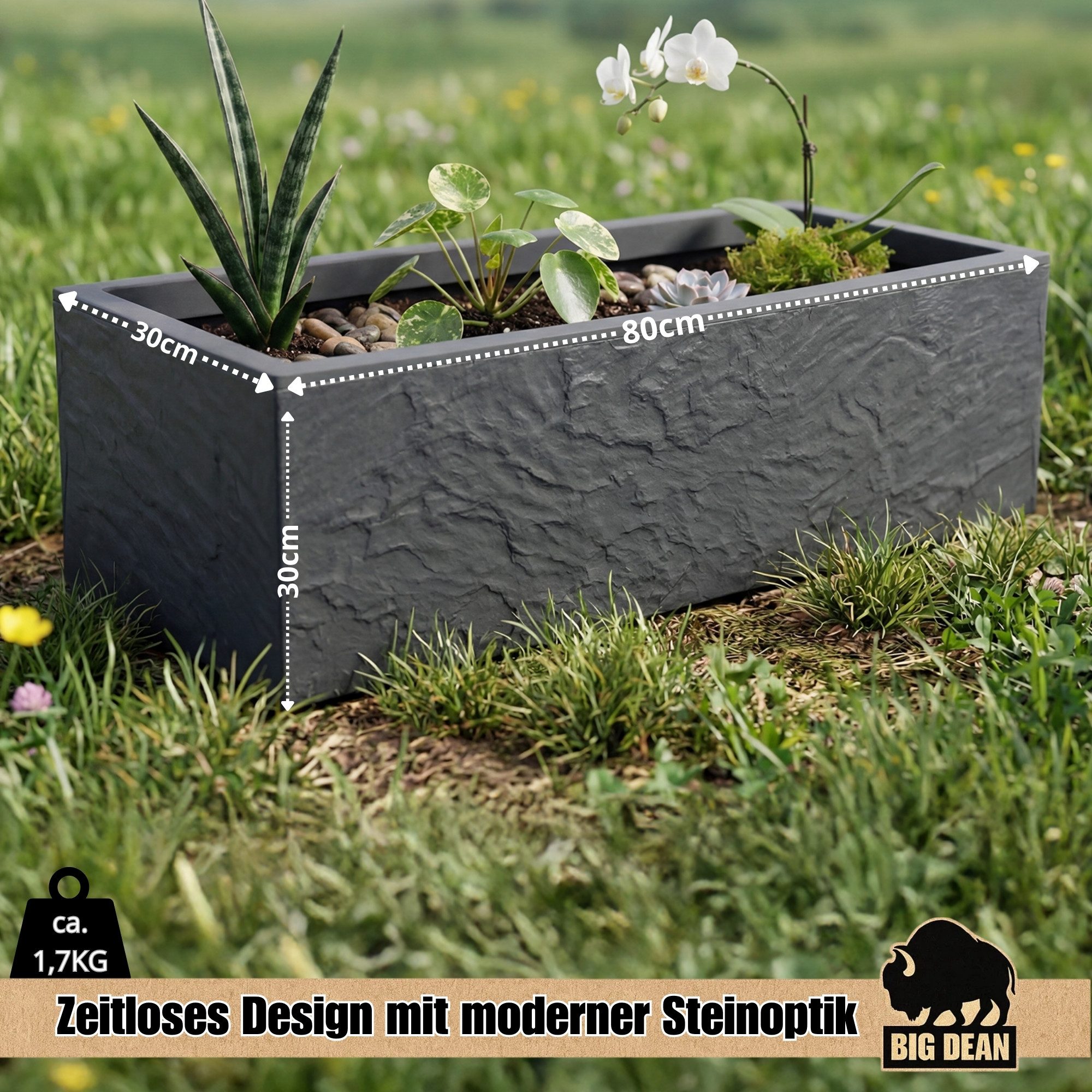 BigDean Pflanzkübel Vulkano, 72L Kübel rechteckig, Blumenkasten mit Wasserspeicher. (Stück, 1 St., Pflanzkübel), Integrierter Wasserspeicher & herstellbarer Wasserabfluss
