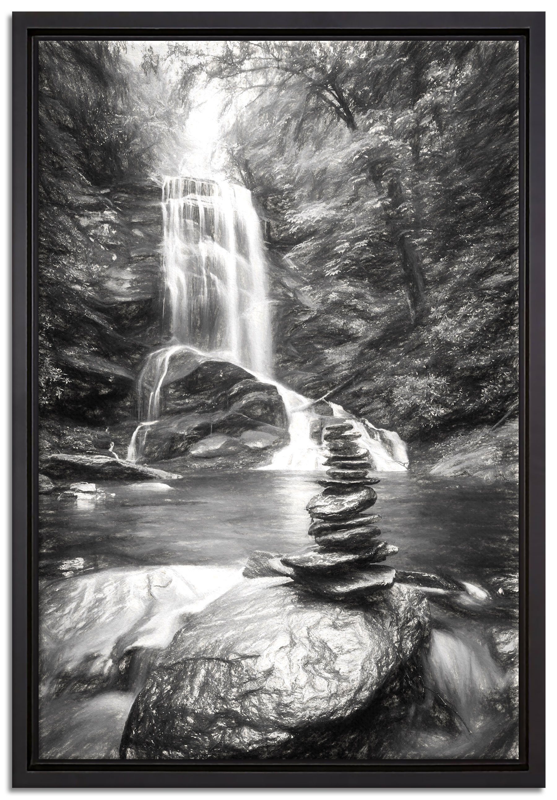 Pixxprint Leinwandbild Zen Steine vor Wasserfall Kunst, Wanddekoration (1 St), Leinwandbild fertig bespannt, in einem Schattenfugen-Bilderrahmen gefasst, inkl. Zackenaufhänger