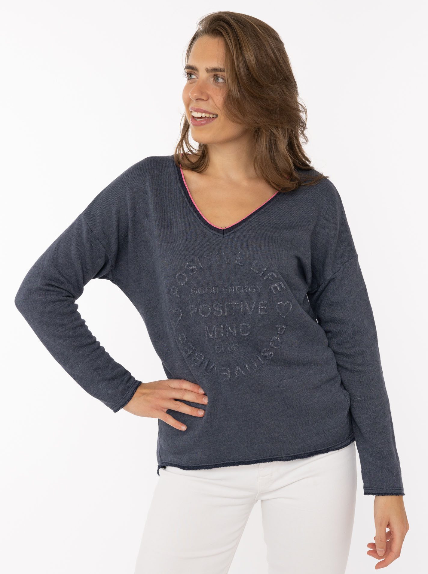 Zwillingsherz Sweatshirt „Positive Mind Neon Kante” mit Kontrastnaht, V-Neck, washed out Optik, langarm