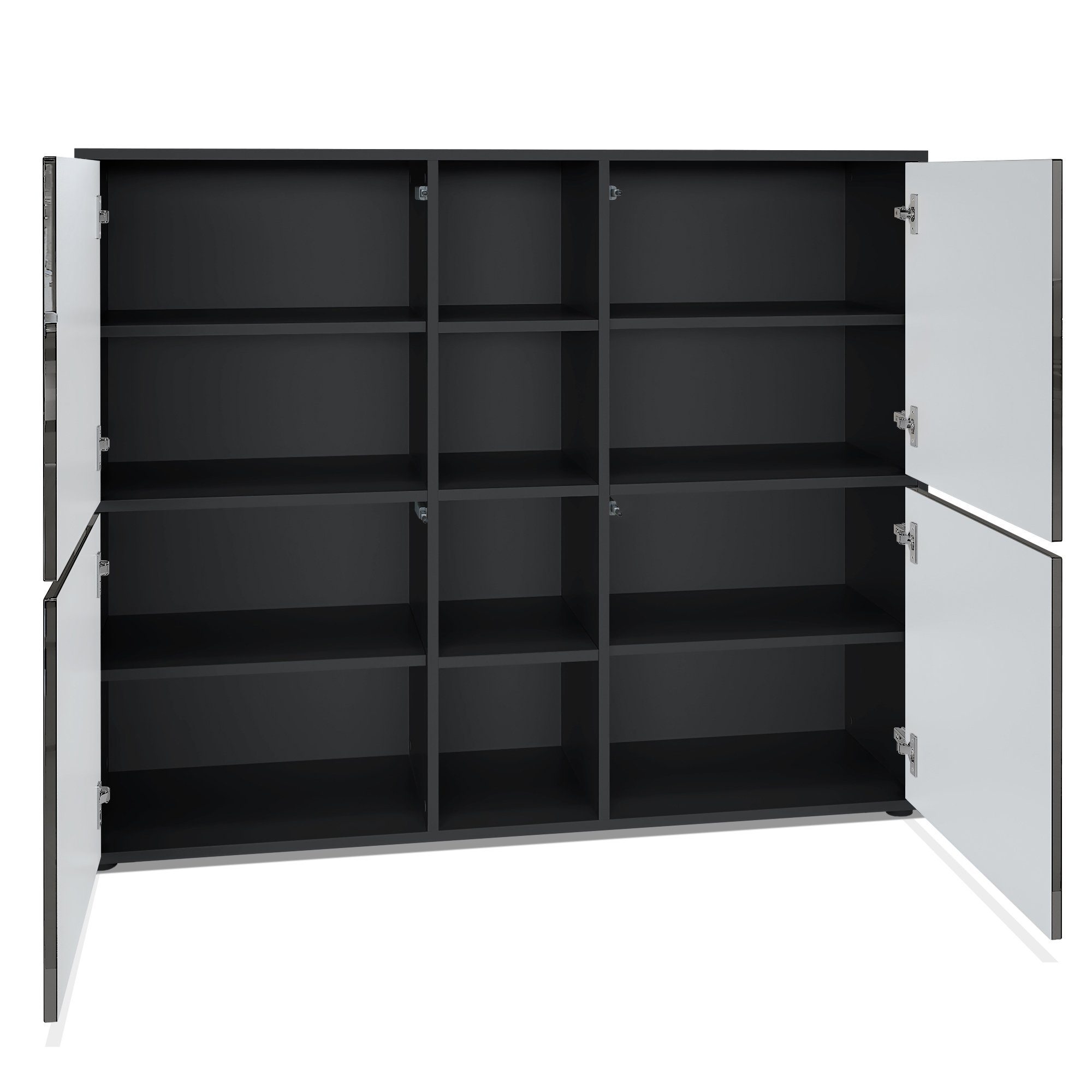 Vladon Highboard Cuba V3 (Highboard, Schrank Anrichte Cuba V3 mit 12 Fächern), in Schwarz matt / Fronten in Hellgrau seidenmatt (130,5x105,5x35,5 cm)