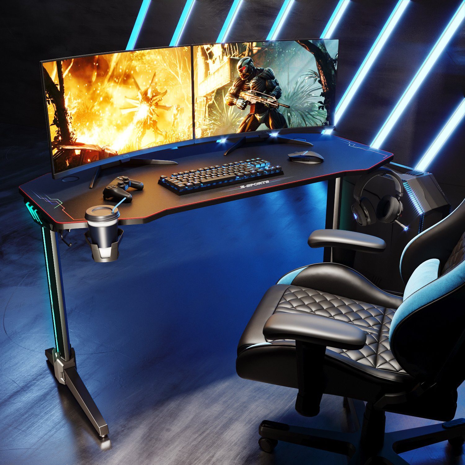 SONNI Gamingtisch Mehrzweckspieltisch in Schwarz 140x60x75 140cm breite cm, mit LED-Beleuchtung