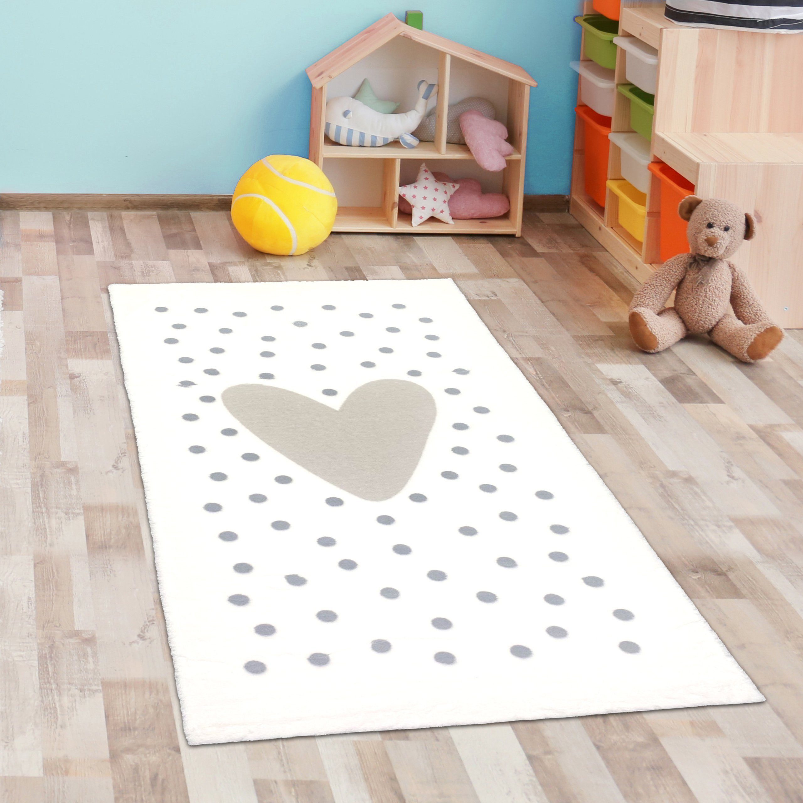Carpetia Kinderteppich Kinderzimmer-Teppich mit Herz-Pünktchen creme grau, rechteckig, Höhe: 18 mm