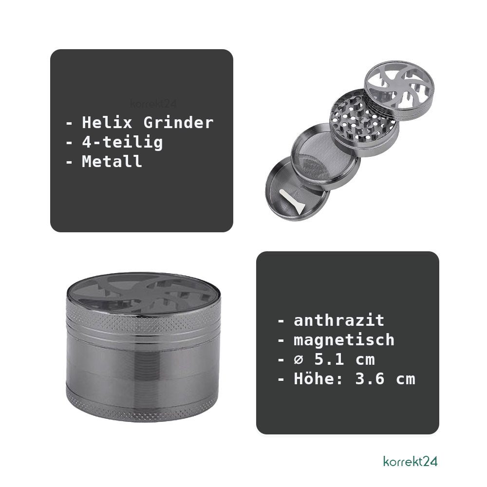 Coumo Kräutermühle Metall Grinder Crusher Helix Design ⌀ 5cm Anthrazit Gewürzmühle, Sichtfenster