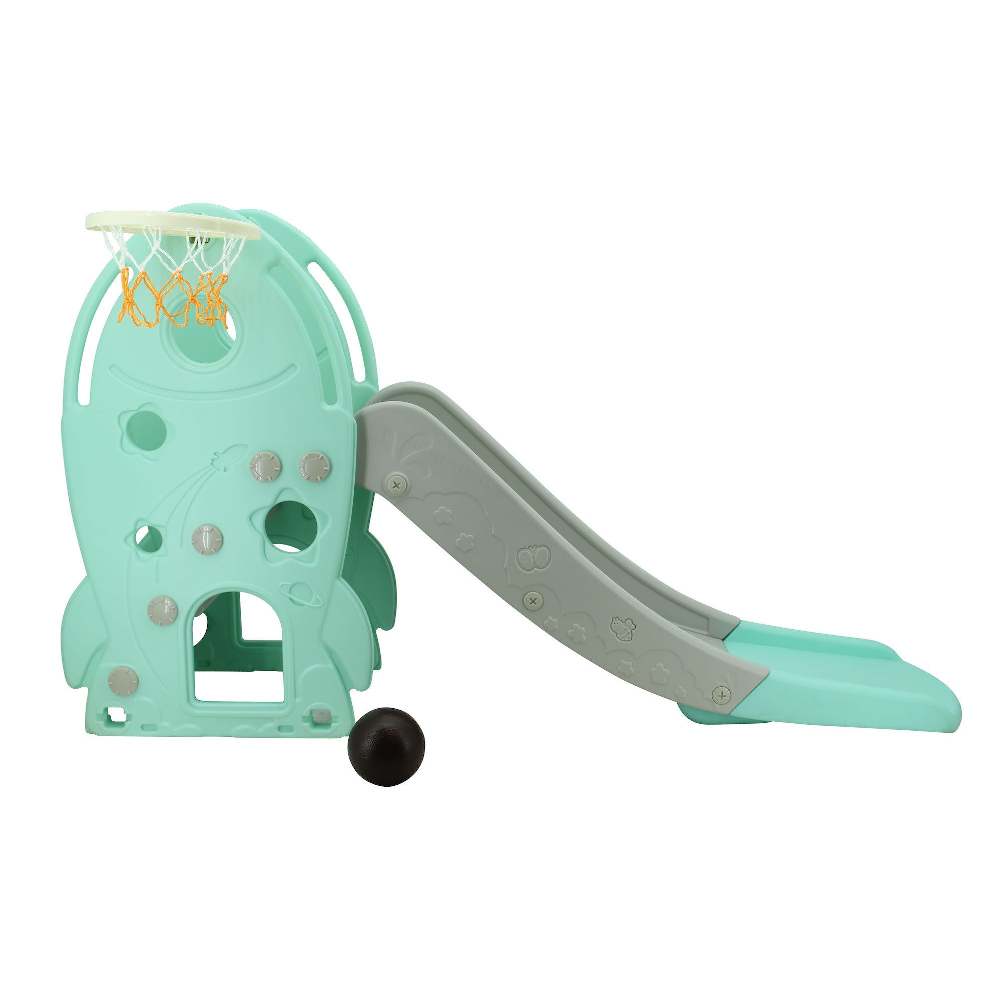 Sweety-Toys Indoor-Rutsche freistehende Kinder Rutsche im Raketendesign türkis mit Basketballkorb