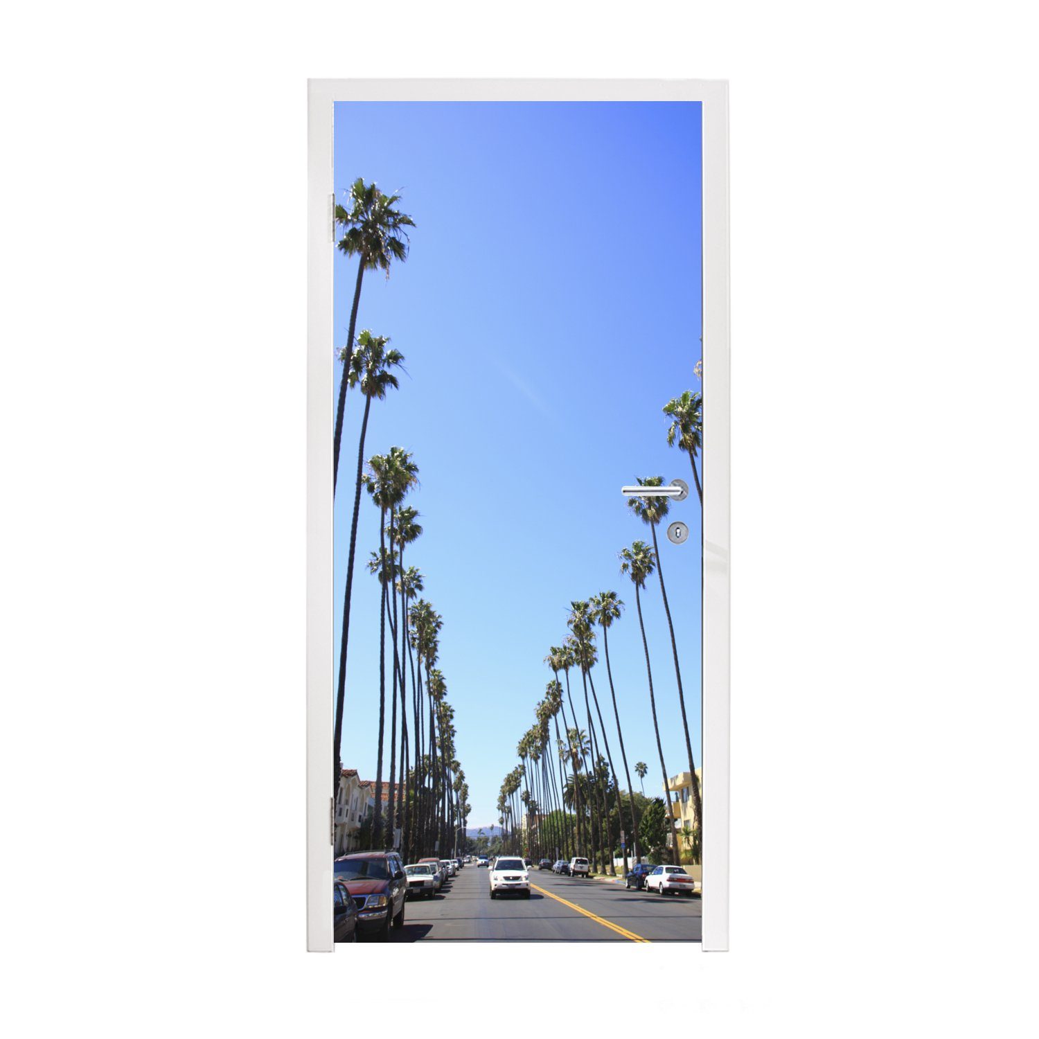 MuchoWow Türtapete Die Reihen der hohen Palmen am Straßenrand, Matt, bedruckt, (1 St), Fototapete für Tür, Türaufkleber, 75x205 cm