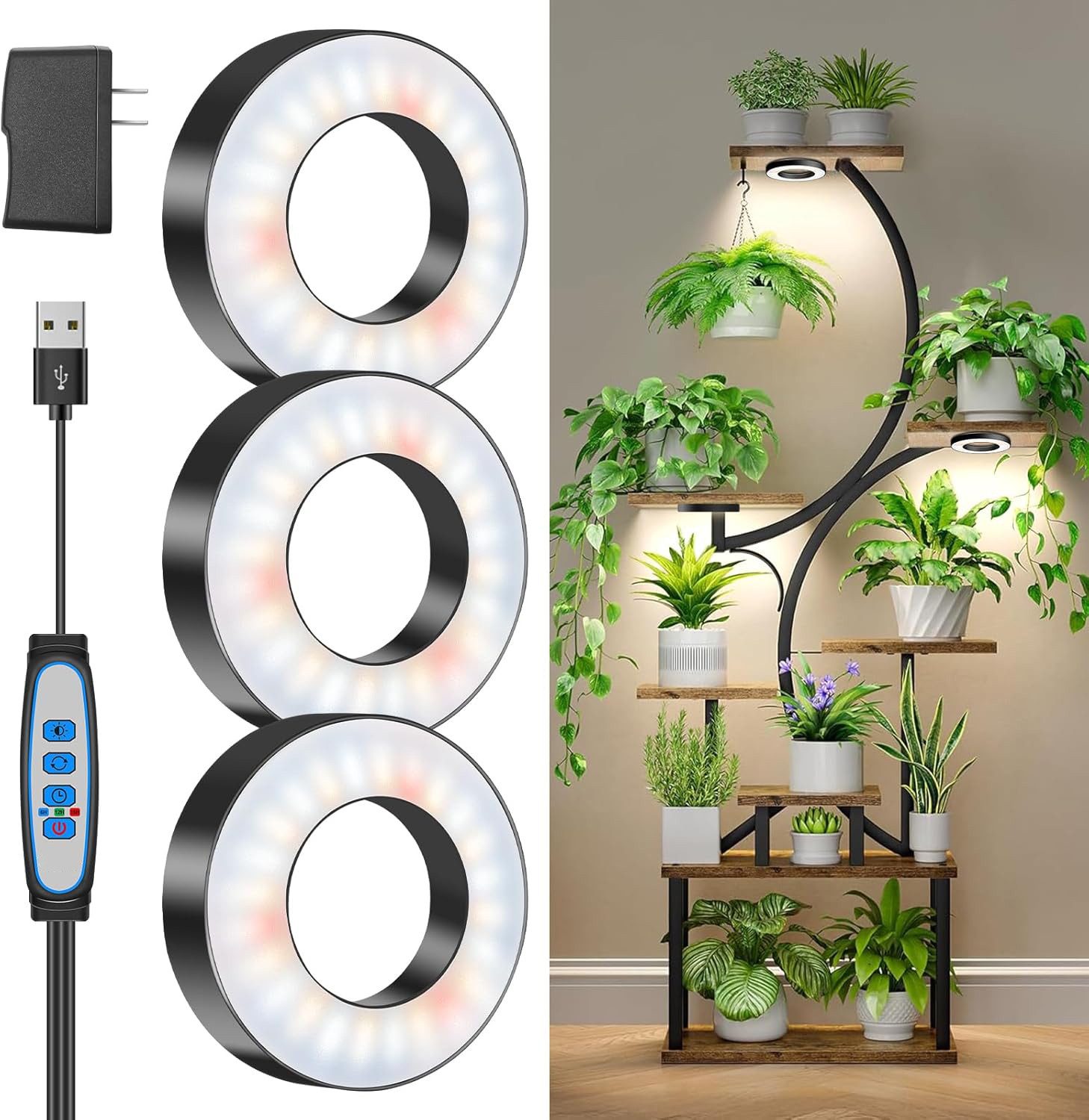 Futicare Pflanzenlampe LED Vollspektrum 144 LEDs, 89mm Pflanzenlicht für Zimmerpflanzen, 5V/3A Unterbauleuchte mit Auto-Timer 6/12/16 Std., 3 Lichtmodi & 5 Helligkeitsstufen