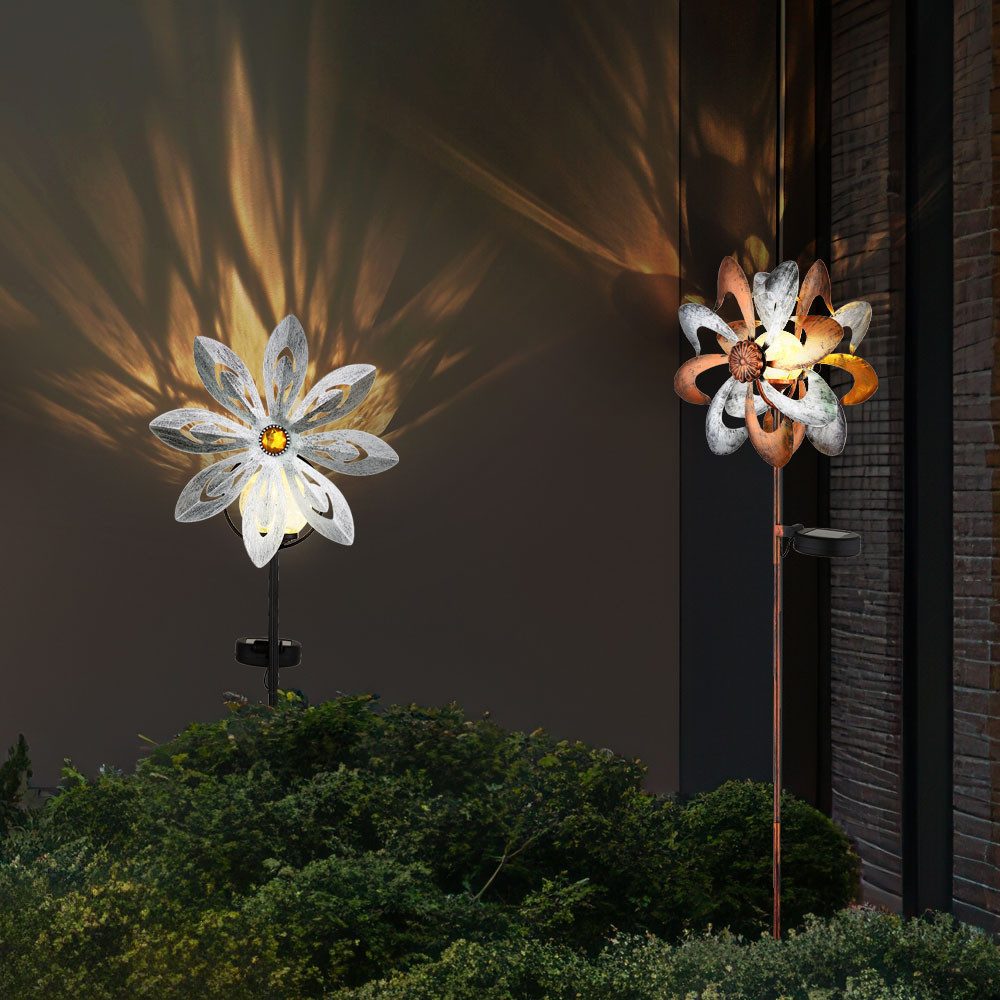 GLOBO LIGHTING LED Solarleuchte, LED-Leuchtmittel fest verbaut, Warmweiß, Solarleuchte Außenlampe LED Windrad silber gold crackle Erdspieß 2x