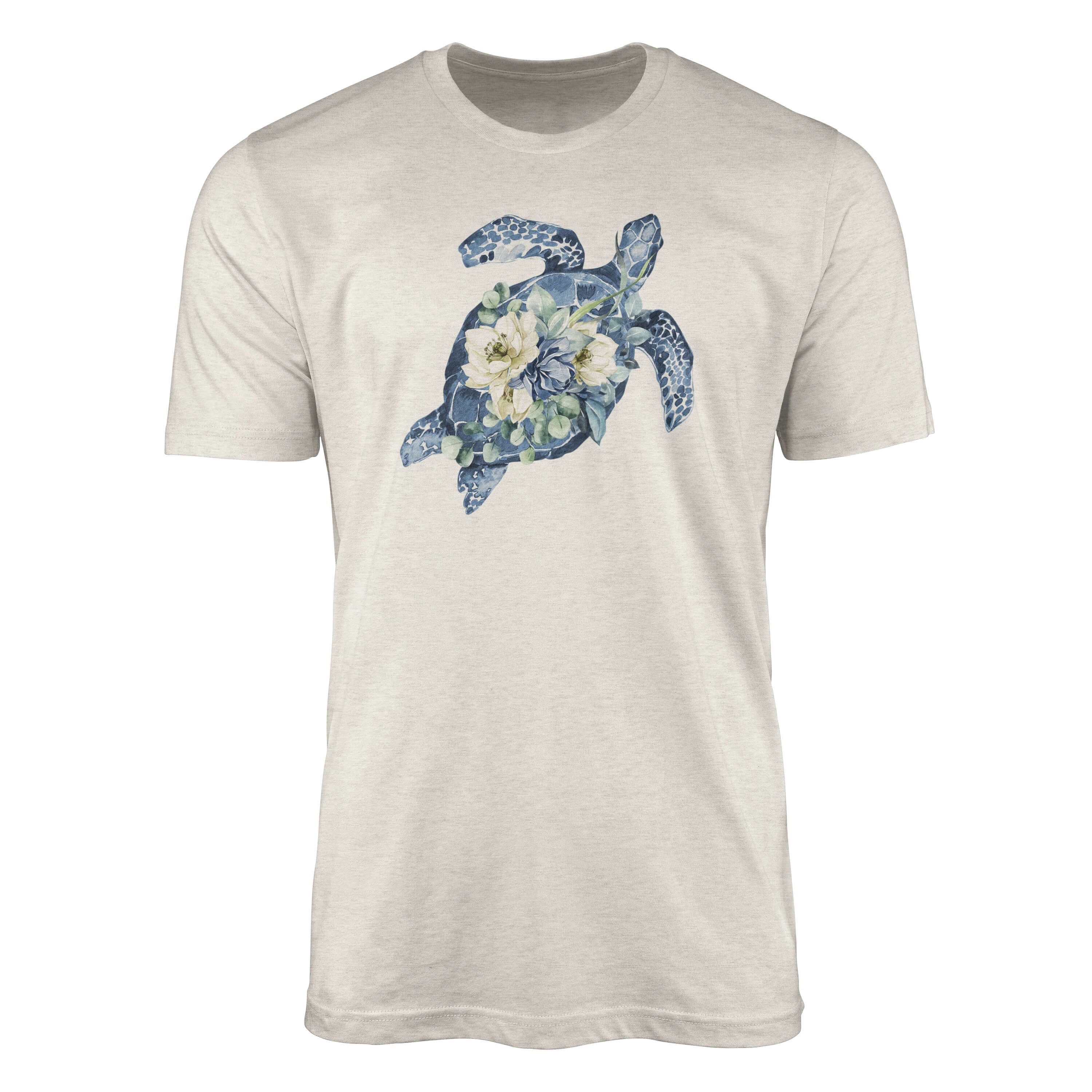Wasserfarben Art T-Shirt (1-tlg) Blumen Shirt 100% T-Shirt Sinus Seeschildkröte Bio-Baumwolle Herren Motiv gekämmte Nachhalti