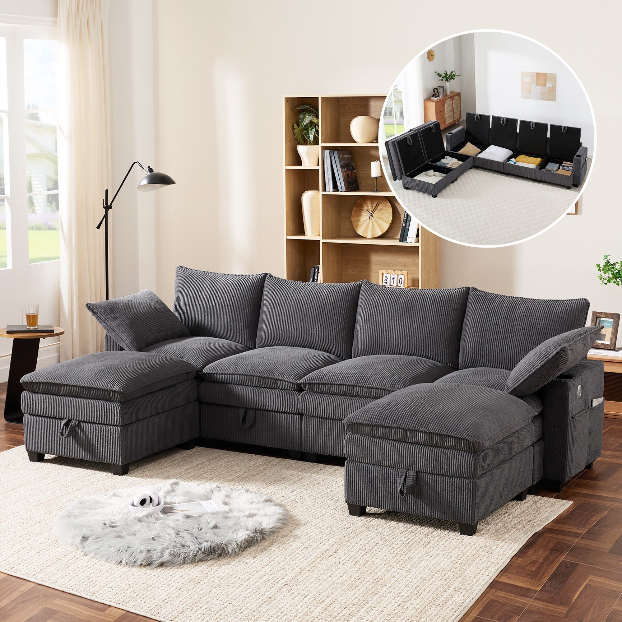 Ulife Sofa L-förmiges Cord-Sofa, 6-Sitzer-Sofa mit Fußhocker, Modulares Ecksofa-Set mit integrierten Funktionen, Ideal für Wohnzimmer/Apartment/Kleine Räume