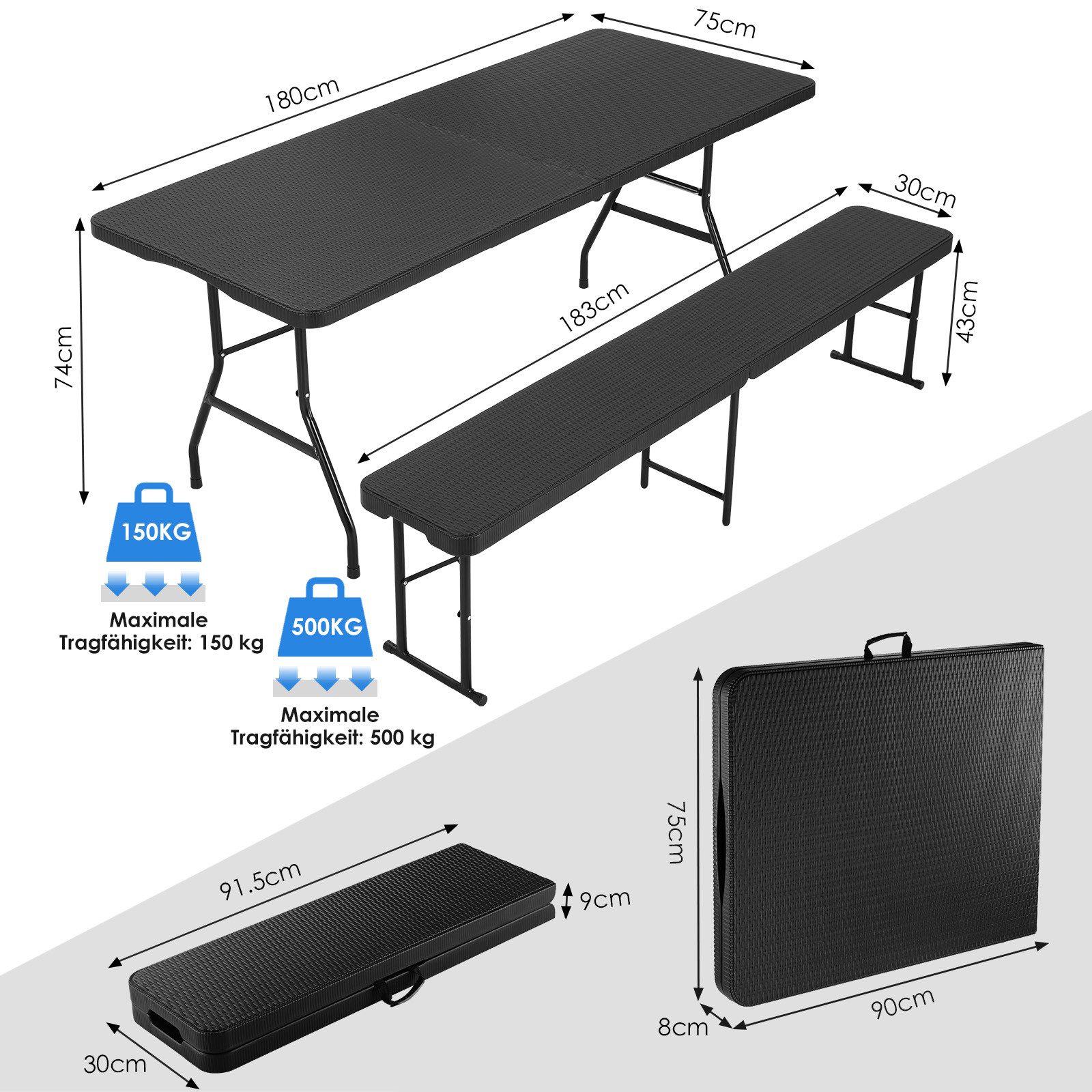 TLGREEN Bierzeltgarnitur Klappbar 3-teilig, 1 Biertisch + 2 Bierbank, (Wetterfest Gartenmöbel Set mit Tragegriff, HDPE+Stahlrohr Campingtisch Outdoor), für Grillveranstaltung/Camping/Gartenparty (Bis zu 10 Personen)