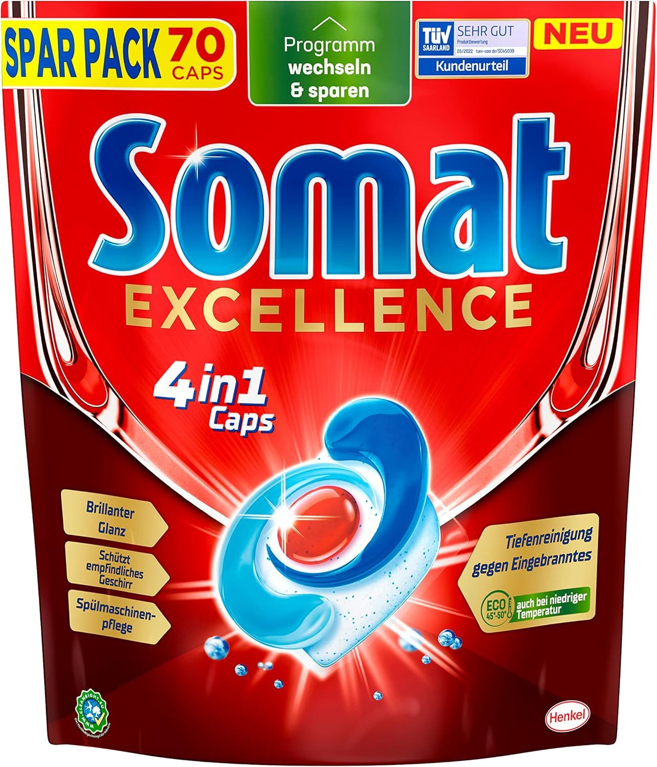 Somat 1x Somat Excellence 4in1 Caps (70 Caps), Spülmaschinentabs Spülmaschinentabs (1-St. sogar im Eco-Programm & bei niedrigen Temperaturen)