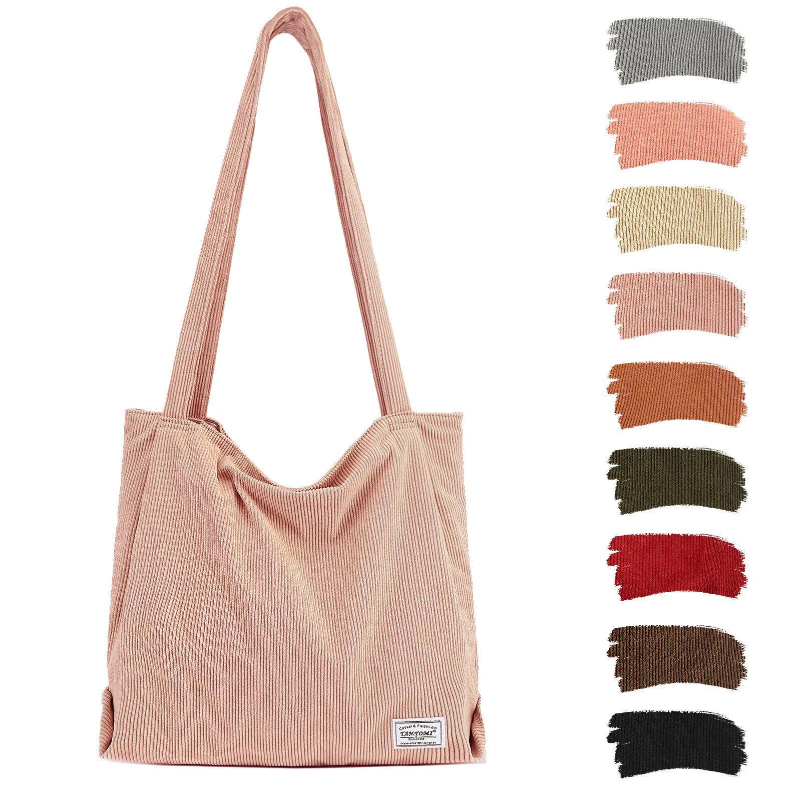 Damen, mit Damenhandtasche, Tasche Cordtasche Hellrosa Handtasche, TAN.TOMI Reißverschluss-Einkaufstasche Henkeltasche