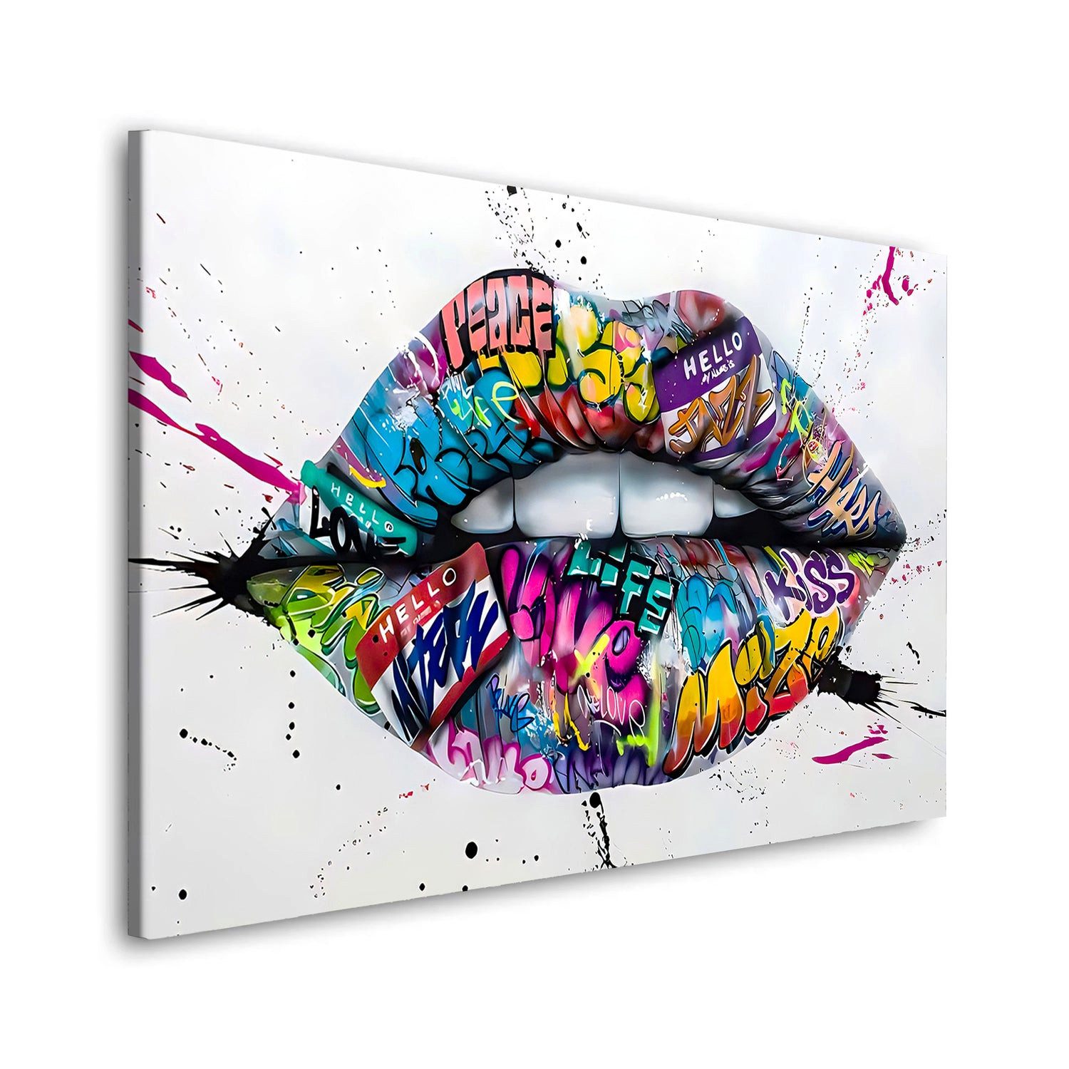 Artedinoi Leinwandbild Graffiti Lippen Bunt Street Art Leinwandbild Wandbild XL Deko, Rote Lippen-Motiv