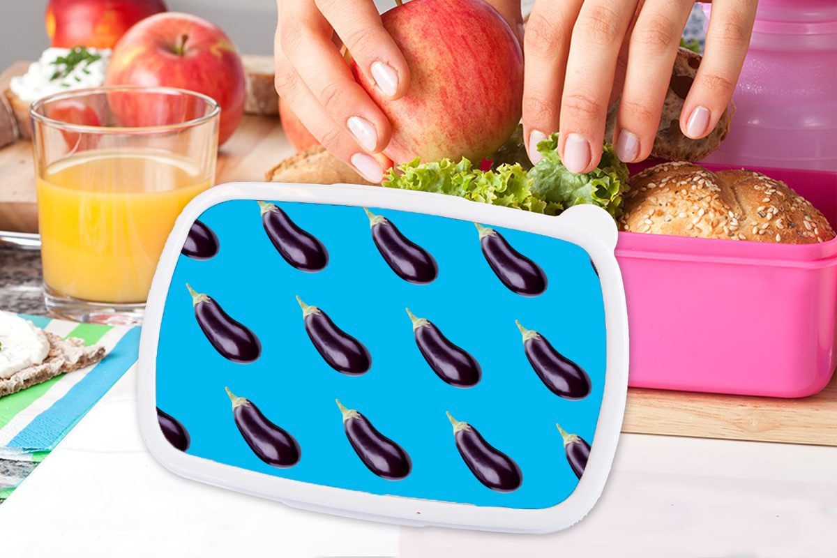 MuchoWow Lunchbox Gemüse - Aubergine - (2-tlg), Kunststoff, Blau, für Brotdose Kunststoff Brotbox Snackbox, Muster Mädchen, rosa - Erwachsene, Kinder