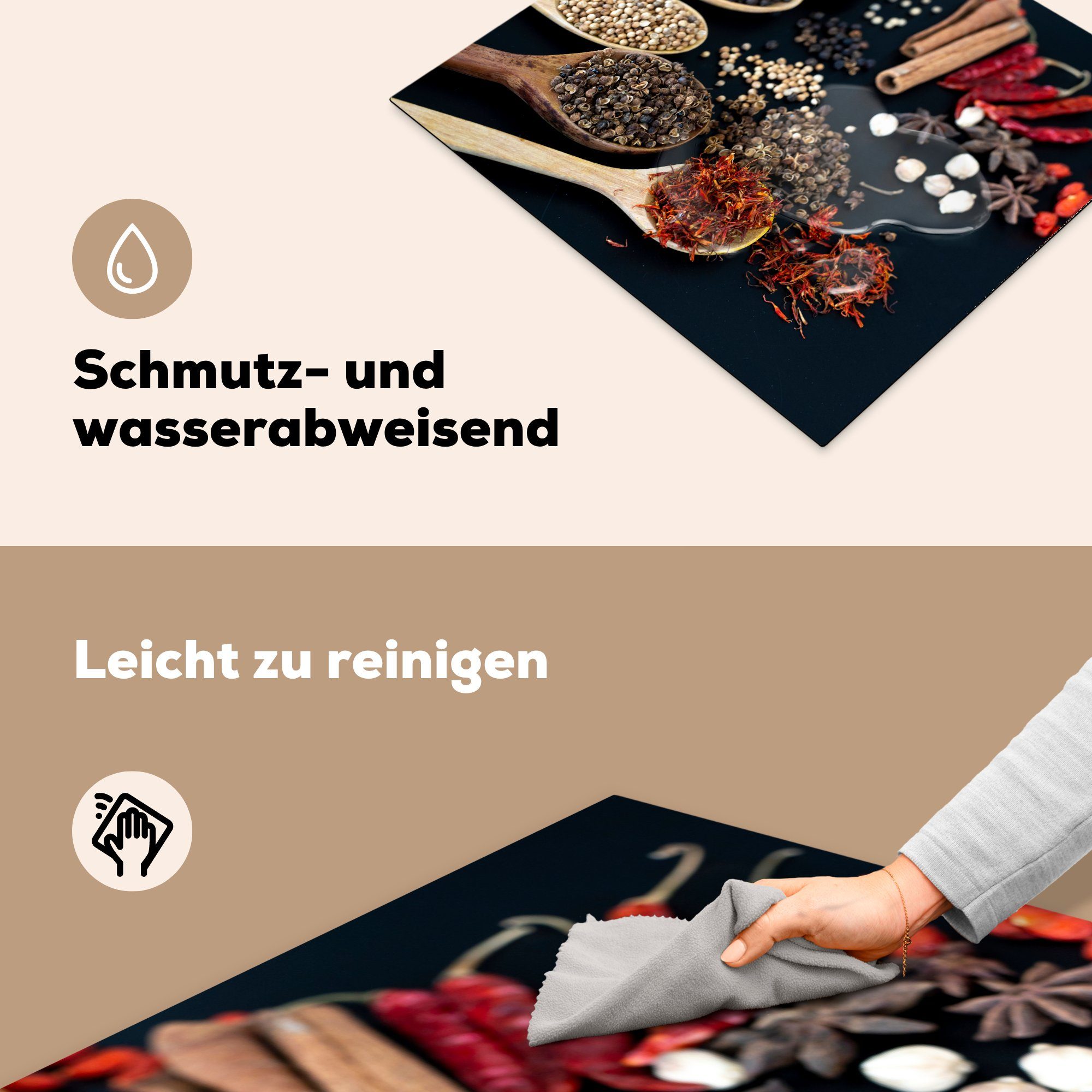 (1 in MuchoWow auf einem die Löffeln Herdblende-/Abdeckplatte cm, Ceranfeldabdeckung Induktionsmatte 59x52 Vinyl, küche, Hintergrund, für Gewürze tlg), schwarzen