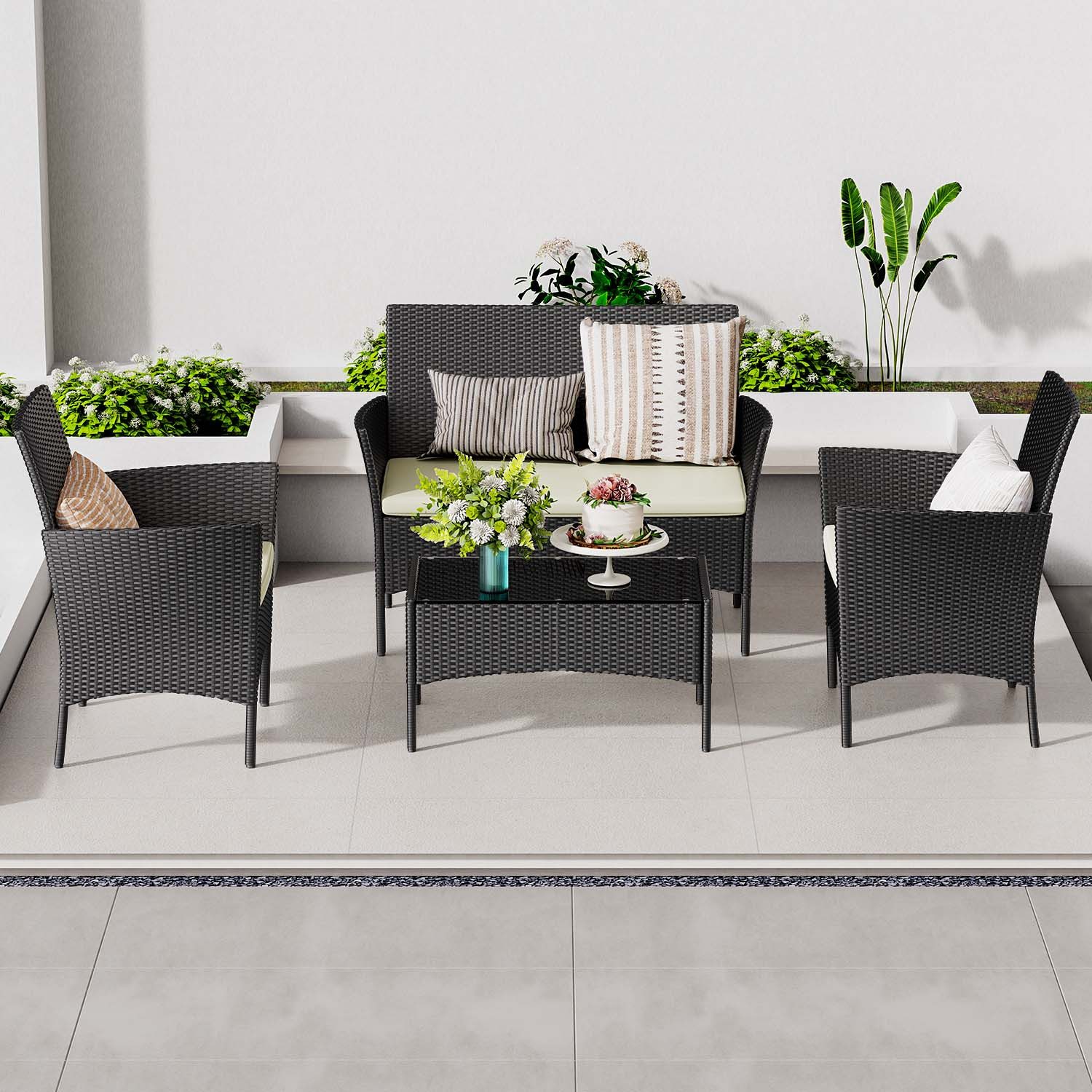 Gywowken Gartenlounge-Set 4-teilig - Wetterfeste Polyrattan Sitzgruppe für 4 Personen, (Set, 1 Sofa, 2 Sessel, 1 Tisch), Gartenmöbel-Set für 4 Personen, inklusive 1 Sofa, 2 Sessel, 1 Tisch