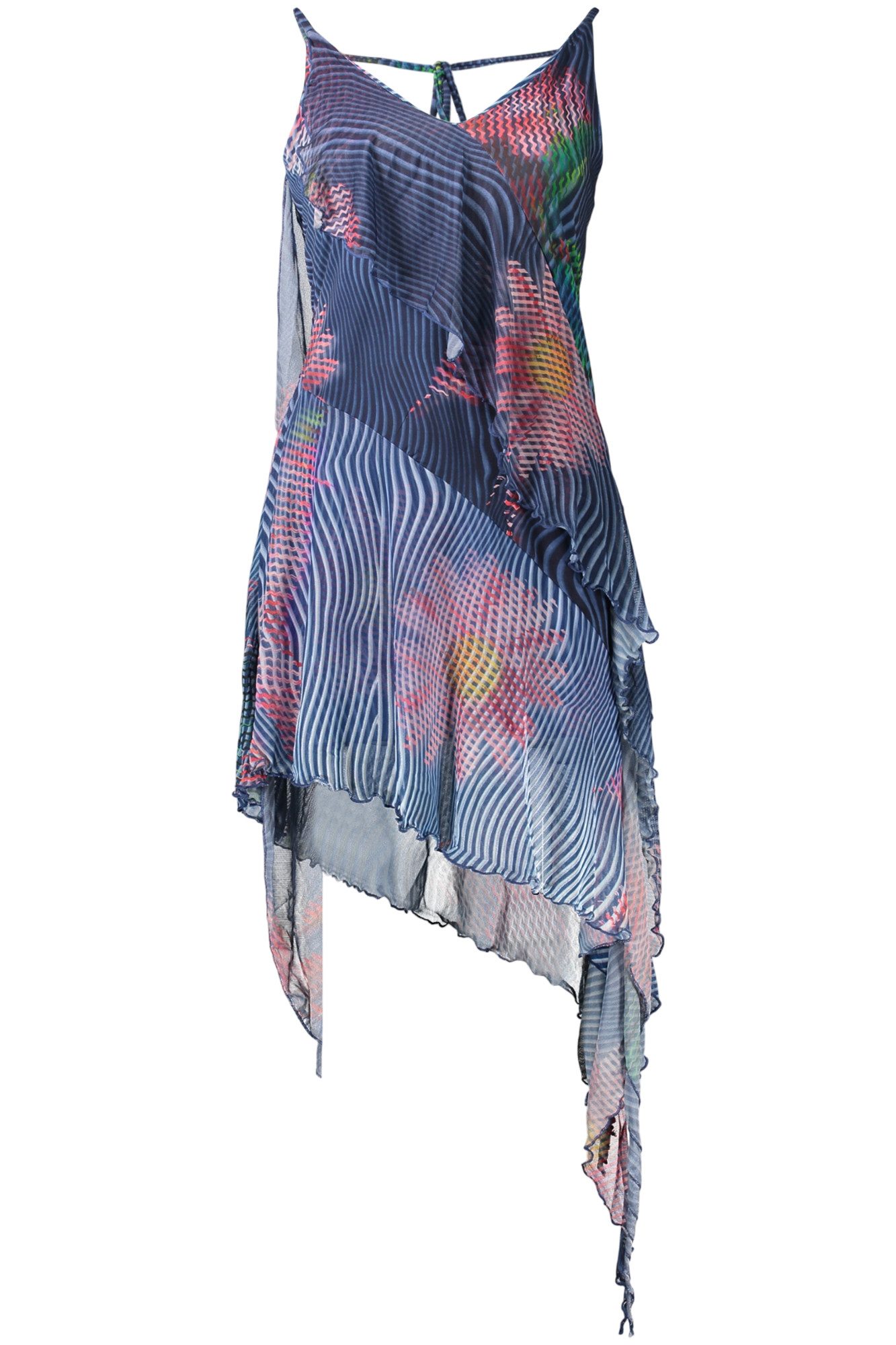 Desigual Partykleid Damen Kleid Blau mit Muster, V-Ausschnitt, verstellbare Träger