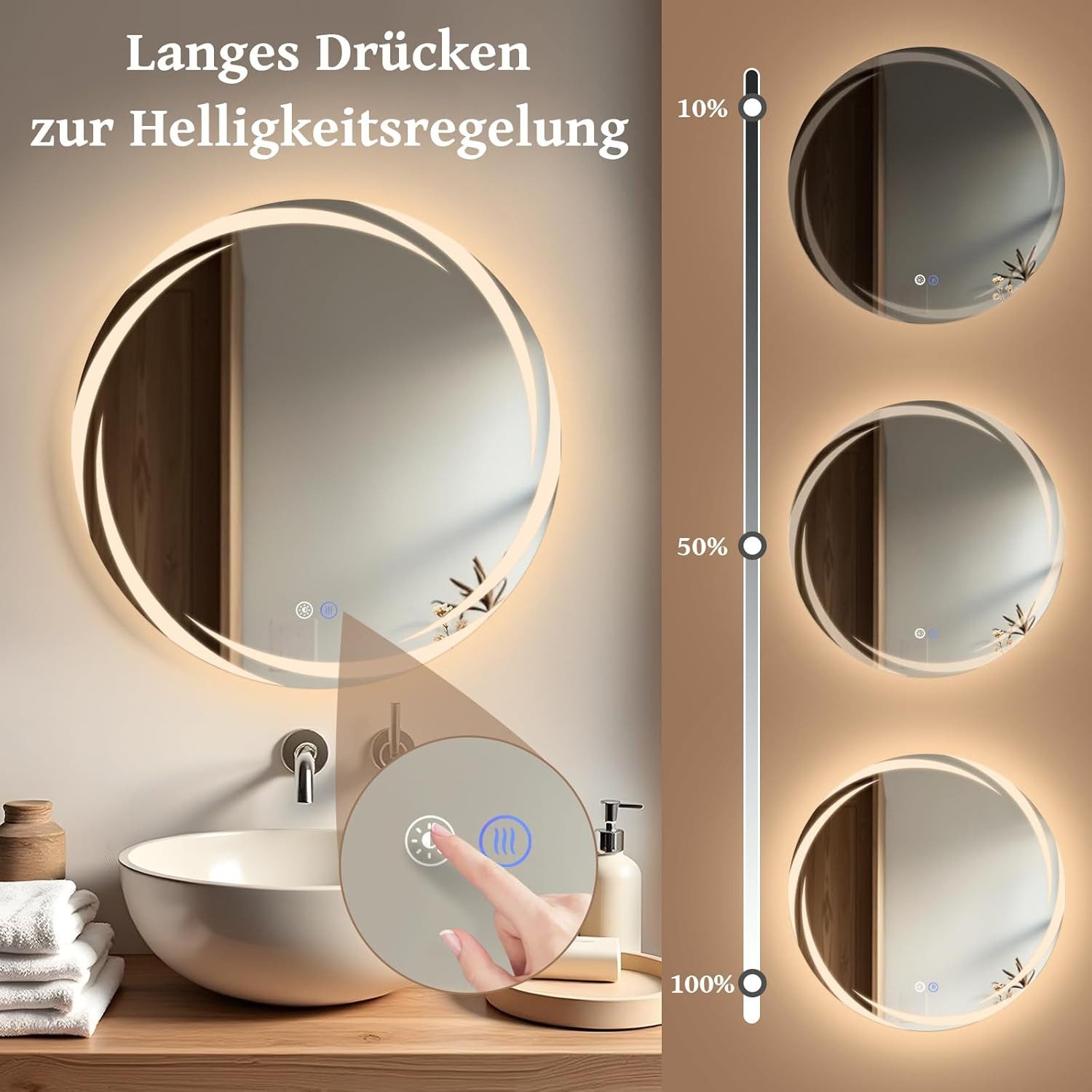 ZMH Badspiegel rund mit Beleuchtung, LED Badezimmerspiegel 3 Lichtfarben dimmbar, Touch-Schalter, Anti-Beschlag, Wandspiegel – Bild 2 von 5