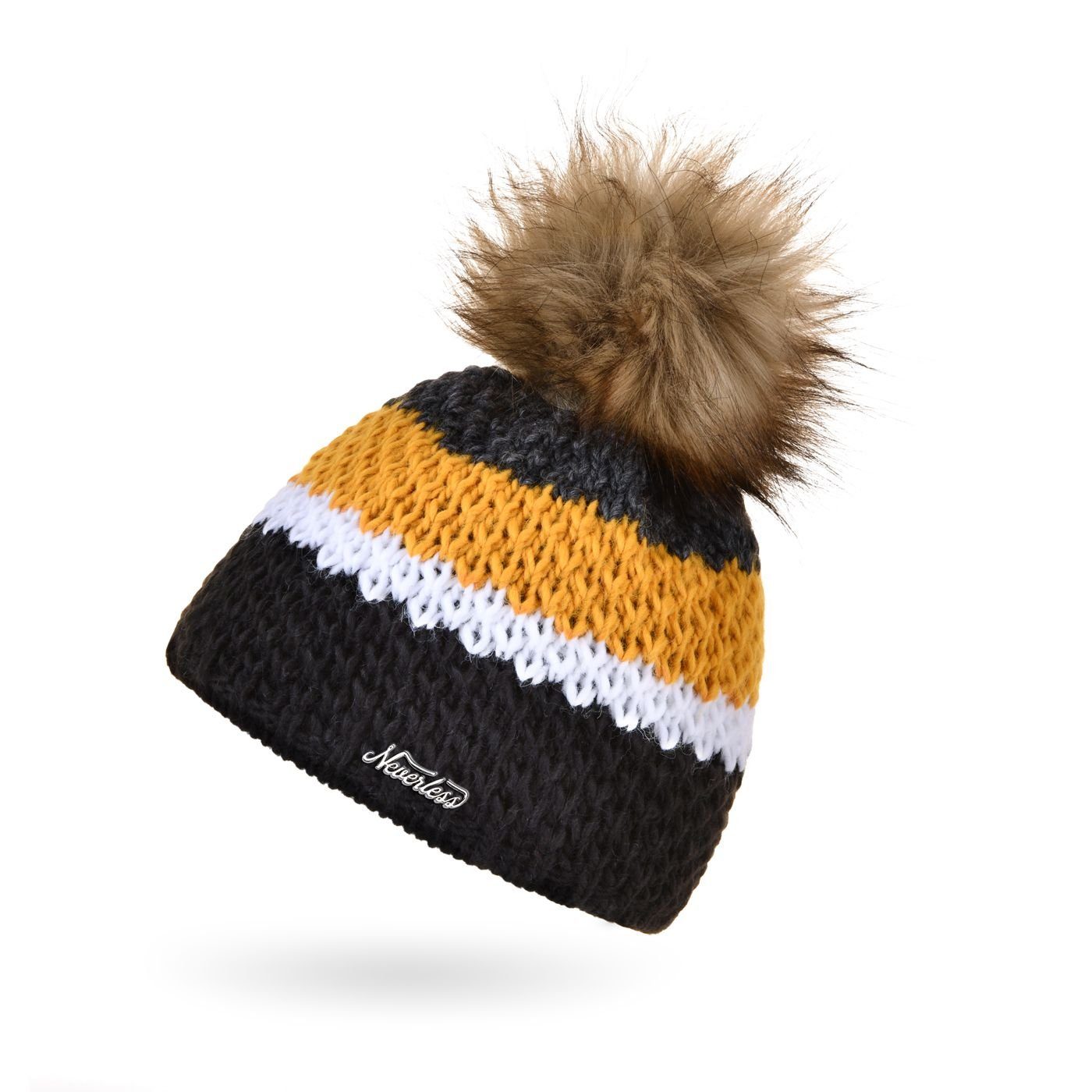 Bommelmütze Damen Strick-Mütze gefüttert Fleece-Innenfutter Fell-Bommel Kunstfell