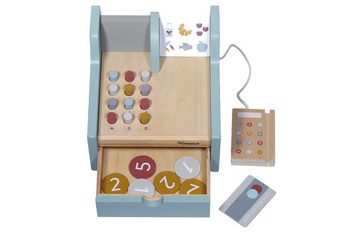 KINDSGUT Spielkasse, Kaufladen Zubehör in dezenten Farben und schlichtem Design, inklusive Kartenlesegerät und Spielgeld, hochwertige Qualität und schadstoffgeprüft