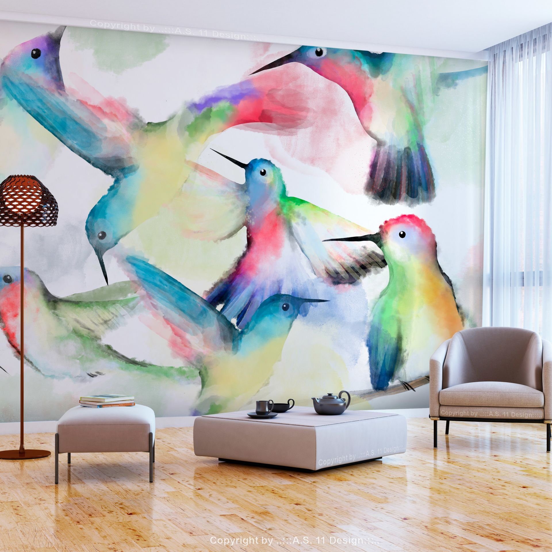 0.98x0.7 m, Design Vliestapete Watercolor Birds Tapete matt, KUNSTLOFT lichtbeständige